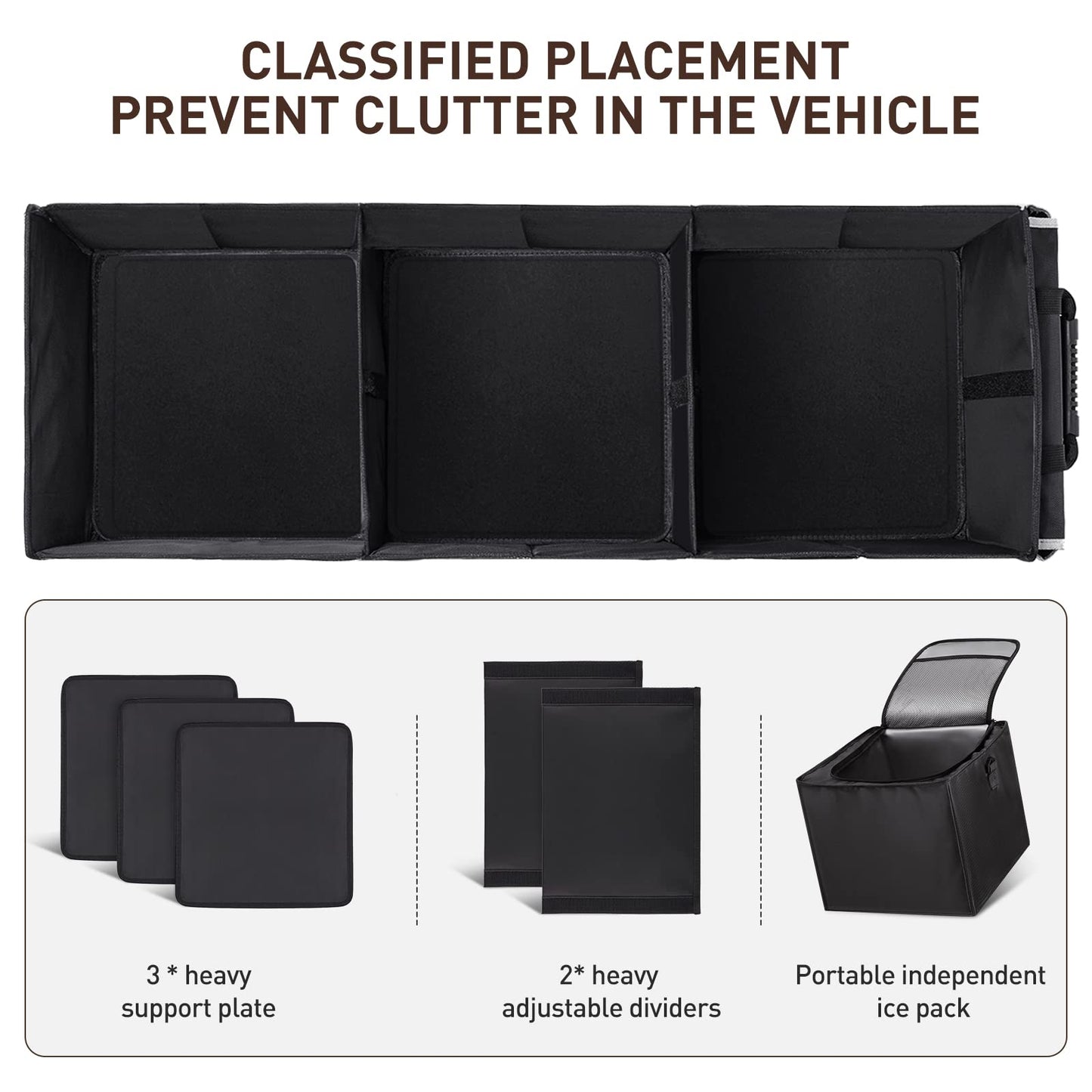 HIRALIY 4 in 1 Car Trunk Storage Organizer with Leakproof Cooler Bag, Multi-Compartment Foldable Trunk Storage Box for Car Truck SUV Black