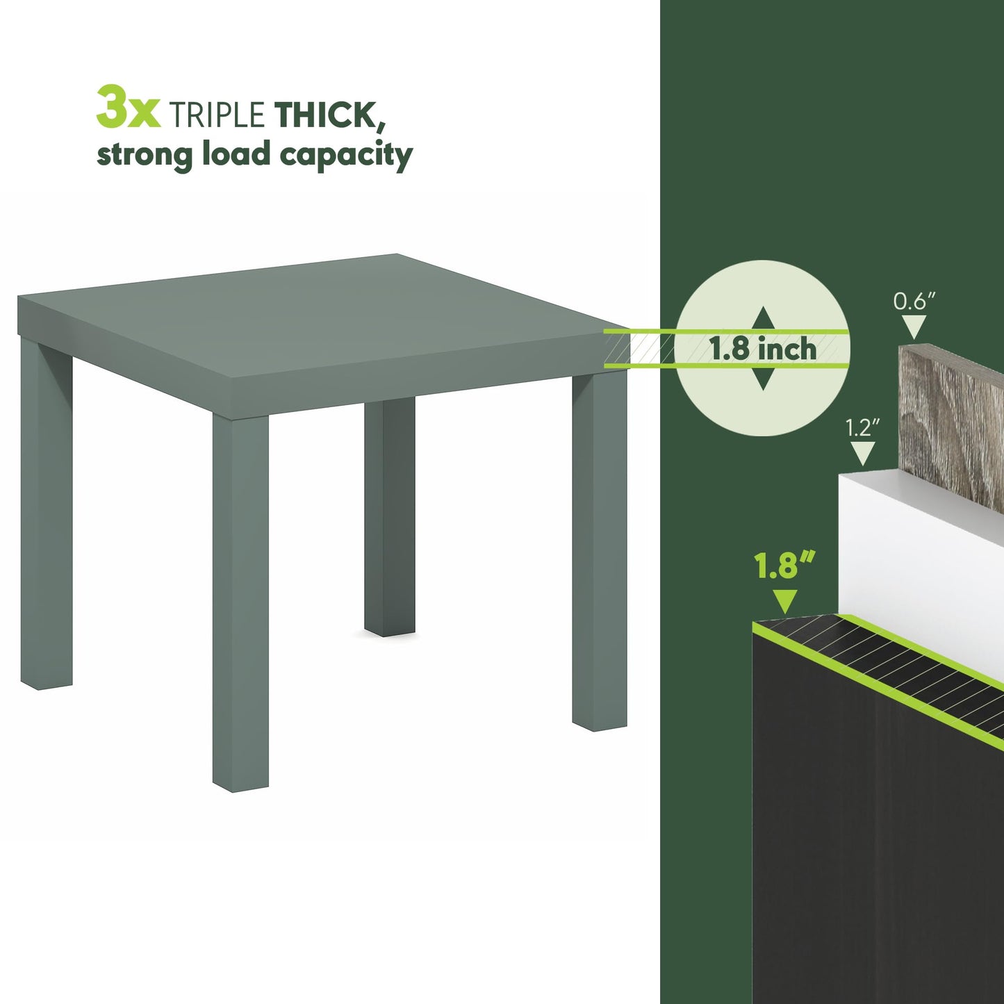 Furinno Classic Side Table, Square Modern End Table with 1.8" Triple Thick Tabletop, Simple Night Stand, Bedside Table, Toolless Assembly, for Living Room, Bedroom, Sage Green