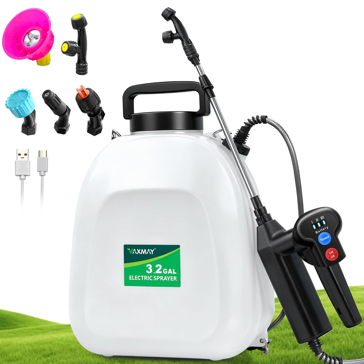 VAXMAY Battery Powered Sprayer 3.2 Gallon, Backpack Sprayer with 3 Adjustable Forces, Battery Indicator, 5 Mist Nozzles, 41" Retractable Wand, USB Rechargeable Garden Sprayer for Weed Lawn Yard