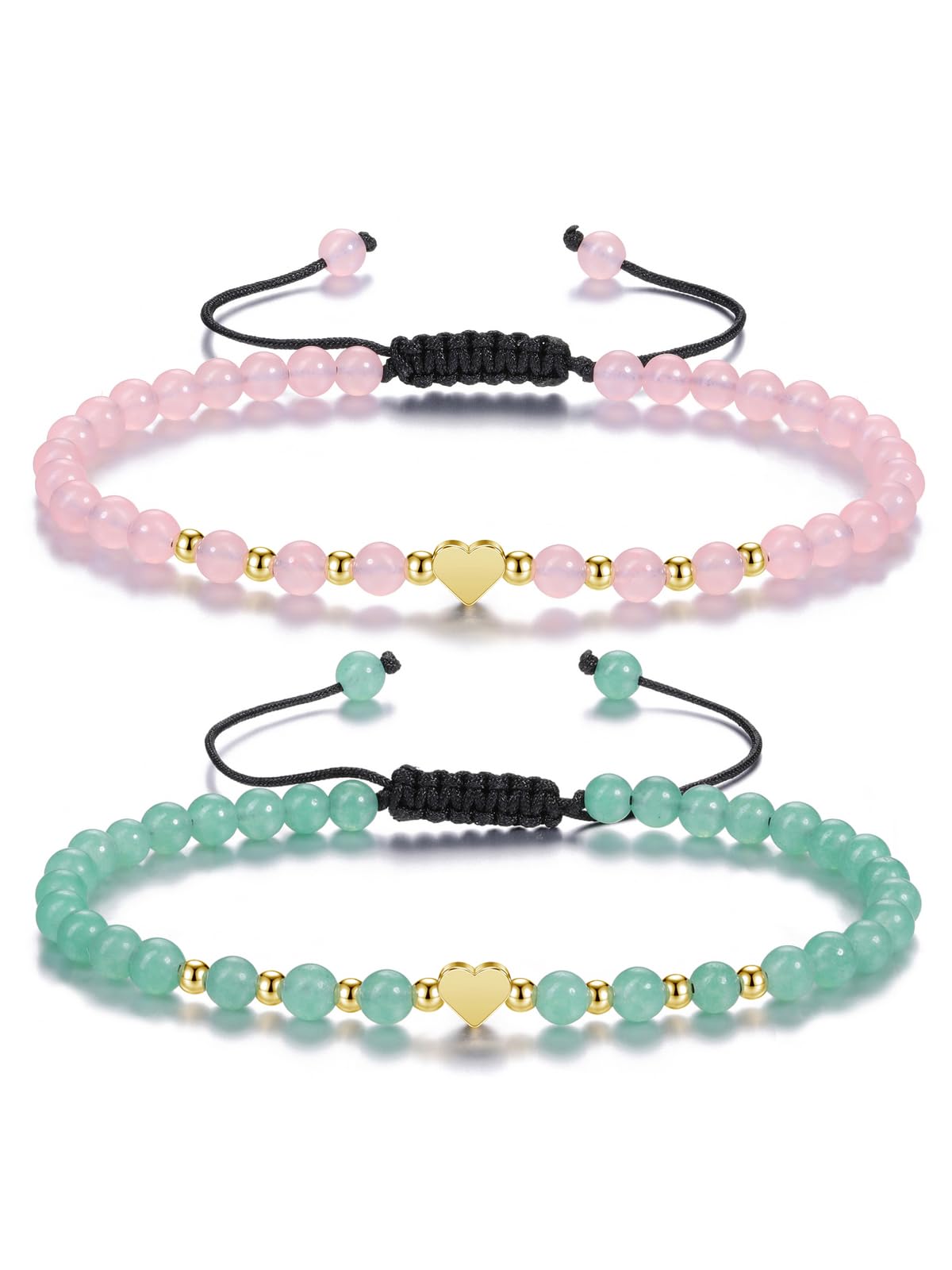 Top Plaza 2Pcs Natural Rose Quartz Green Aventurine Crystal Bracelets for Women 4mm Handmade Gemstone Beaded Bracelet Healing Crystal Yoga Meditation Gold Heart Charm Bracelet Jewelry Christmas Gifts