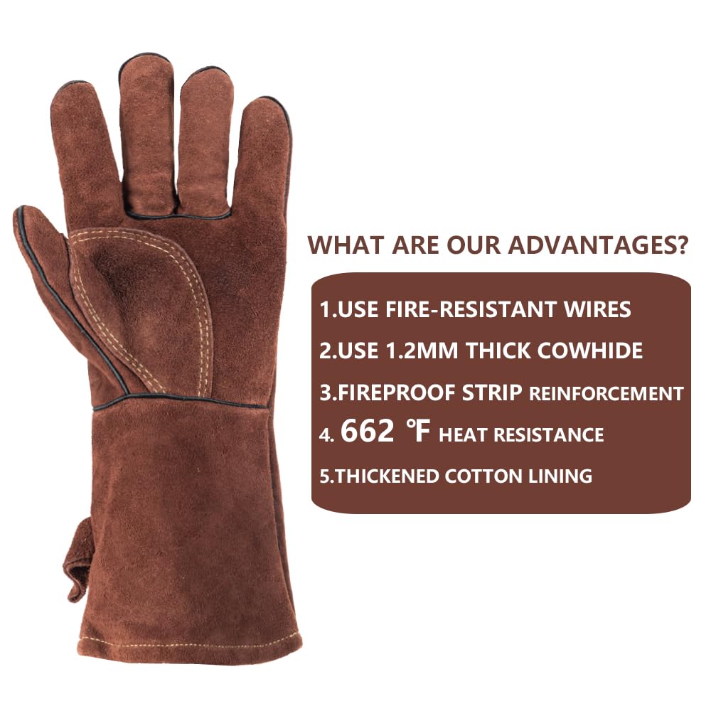 LAIKEANDUN Fireproof Gloves for Fireplace & Fire Pit, Welding Gloves for Men & Women - 14 Inch Heat Resistant Leather Work Gloves (662℉) for MIG/TIG, BBQ, Camping - Premium Cowhide, Durable