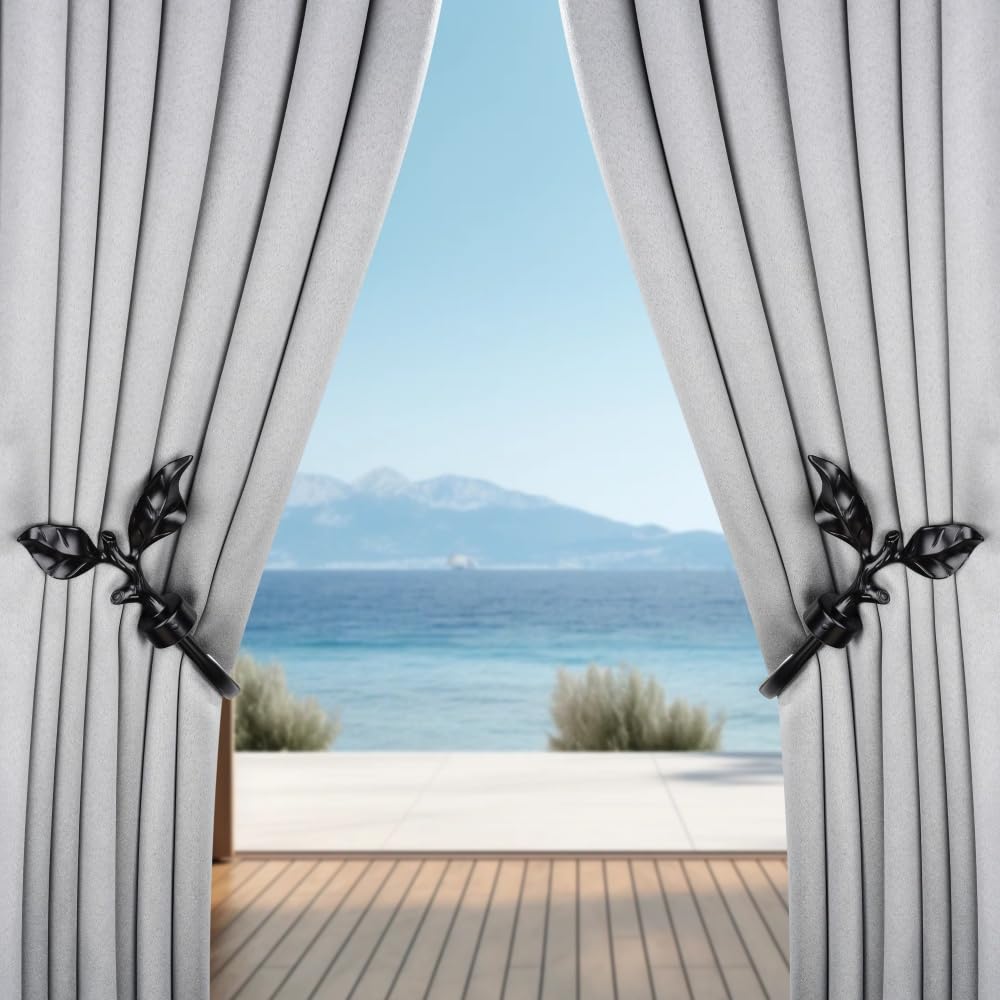 SUQ I OME 1 Pair of Leaf Shaped Curtain Holdbacks Metal Curtain Side Holders for Wall, Antique Brass Curtain Tieback Hook Pull Backs for Drapes Window Home Decoration,Black