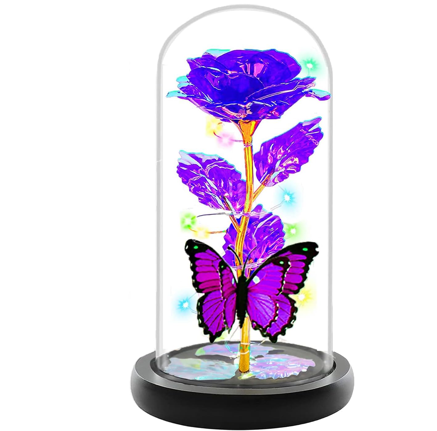 Mothers Day Rose Flower Gifts for Mom, Birthday Gifts for Women, Galaxy Crystal Light Up Rose Flowers in A Glass Dome, Mother Day Presents Wife Grandma Sister Her Mom from Daughter Butterfly Purple