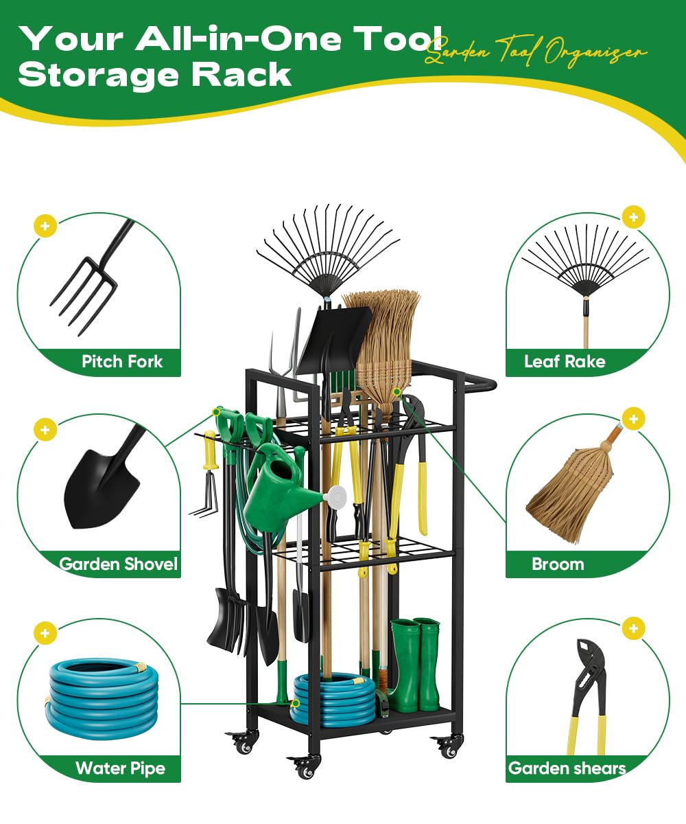 Lotspasie Garden Tool Organizer with Wheels, Heavy Duty 3 Tier Metal Yard Tool Storage Rack Holder with Side Hooks, Freestanding Garage Organizer for Shovels, Rakes, Brooms, Indoor Outdoor Use, Black