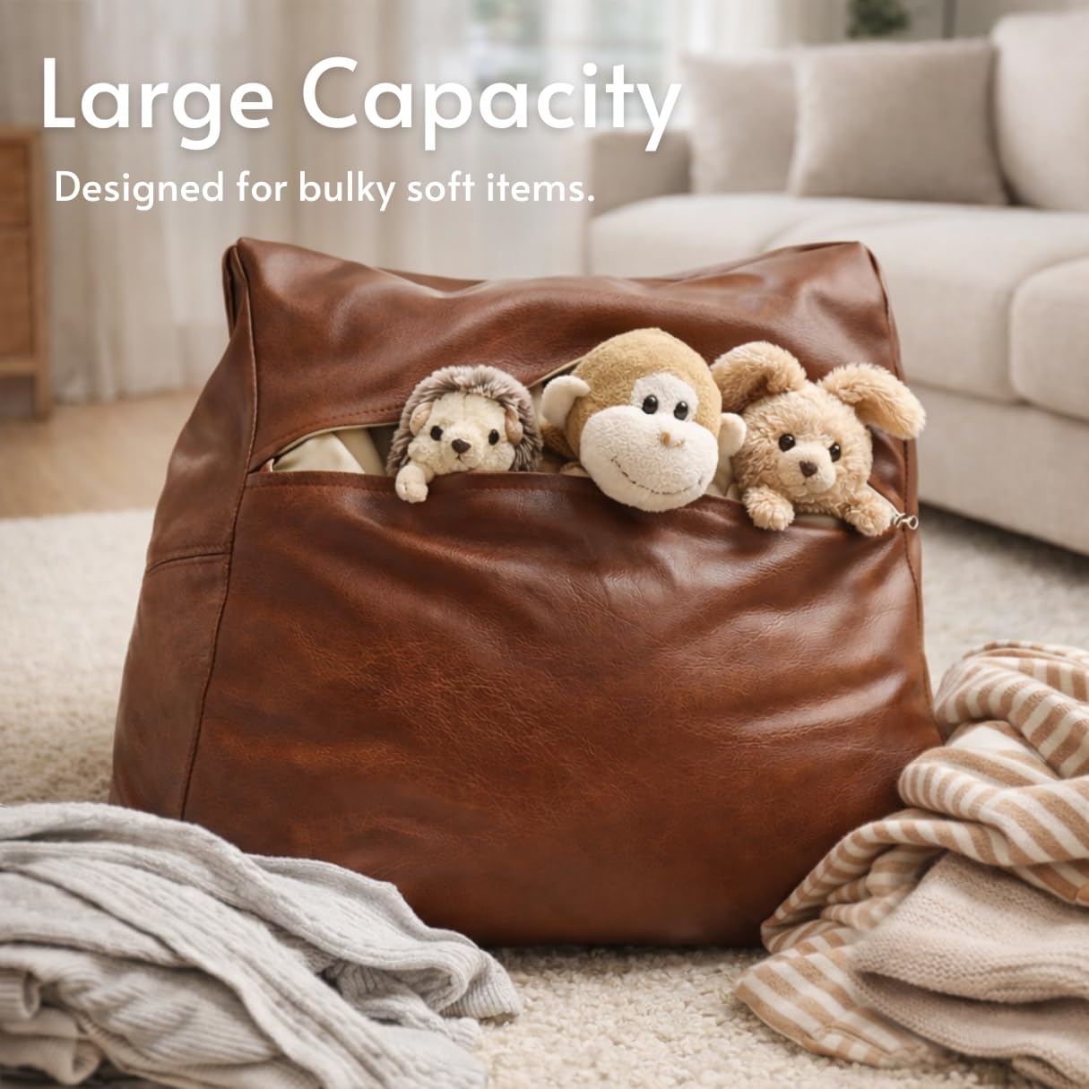 SOFTSOUL DIY Fillable Storage Ottoman – Stuff with Clothes, Blankets or Toys to Create Seat or Footstool, Space-Saving Faux Leather Square Pouf Organizer (Unfilled), 17.7”×17.7”×15.7”