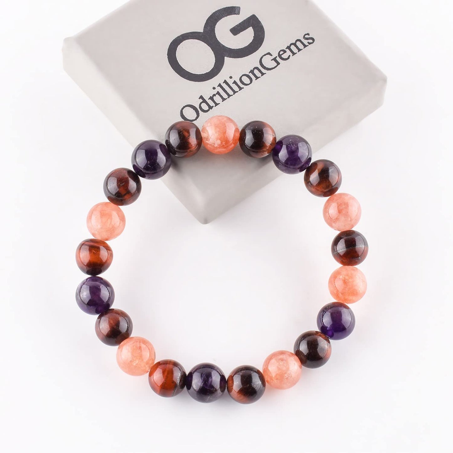 OdrillionGems Triple Crystal Healing Bracelet - Sunstone - Red Tiger's Eye - Amethyst Handmade Bracelet Stretchable Genuine Round Beaded 10mm Unisex Jewelry Chakra Stones - Yoga - Energy - Spiritual