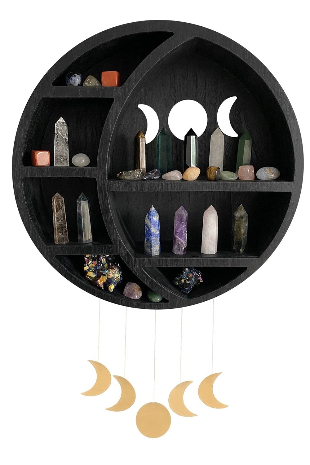 Ella & Emma Wooden Moon Shelf for Crystals - Crescent Moon Crystal Shelf, Storage & Wall Hanging Shelves for Bedroom Aesthetic, Moon Phase Wall Decor & Crystal Display Shelf, Pinewood, Black