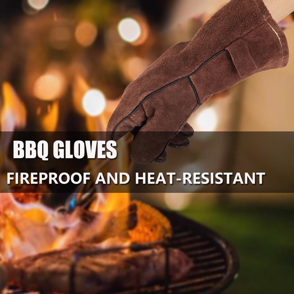LAIKEANDUN Fireproof Gloves for Fireplace & Fire Pit, Welding Gloves for Men & Women - 14 Inch Heat Resistant Leather Work Gloves (662℉) for MIG/TIG, BBQ, Camping - Premium Cowhide, Durable