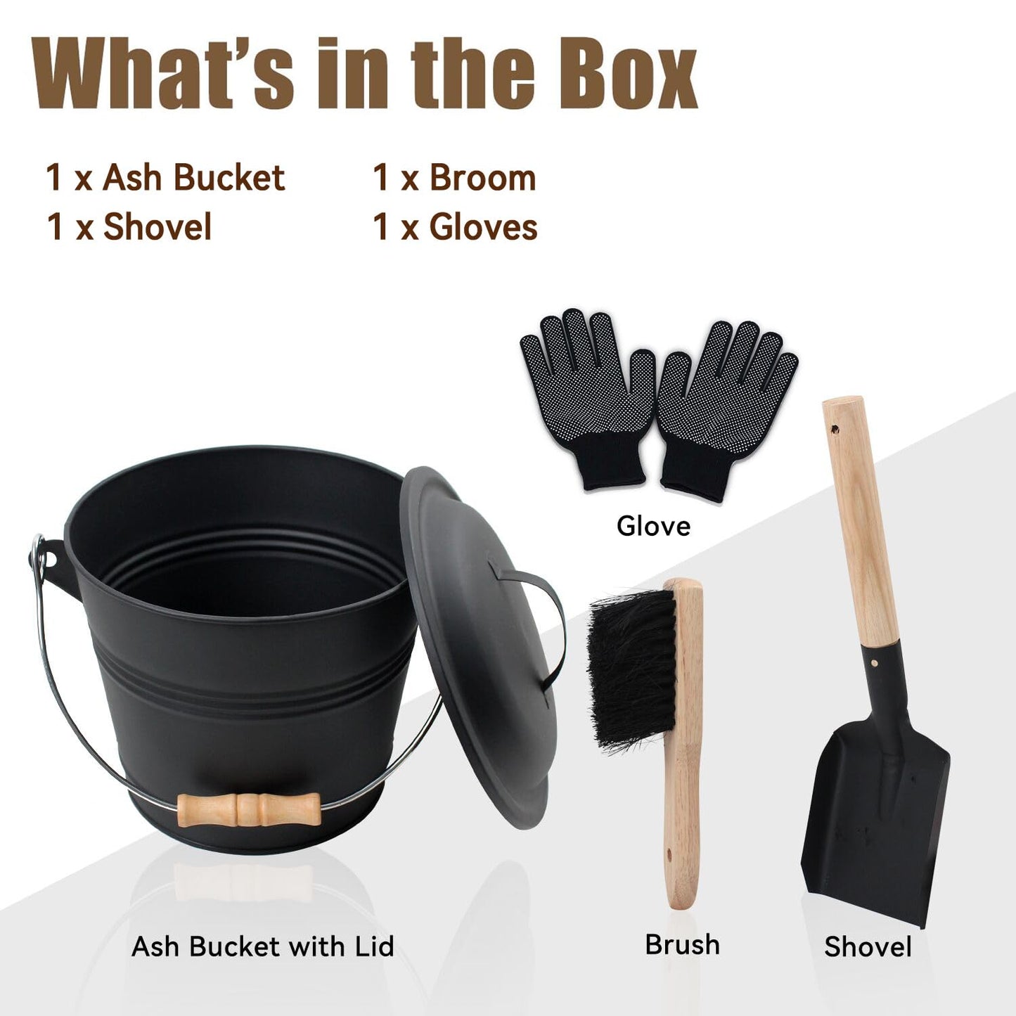 BRIAN & DANY Mini Ash Bucket with Lid and Shovel, 1.3 Gallon Fireplace Bucket with Broom, Ash Can for Fireplace, Ashes, Fire Pit, Wood Burning Stove