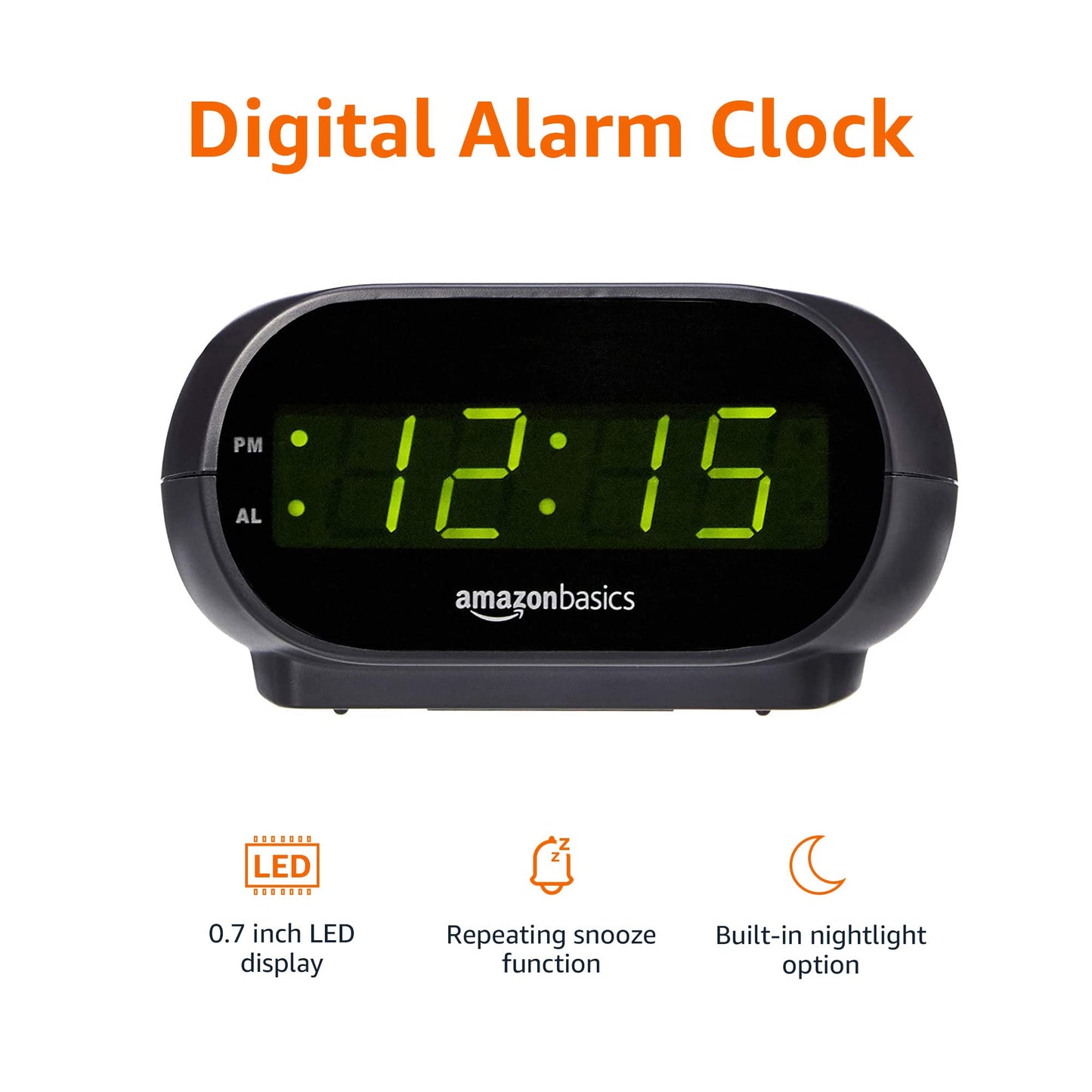 Amazon Basics Small Digital Oval Alarm Clock with LED Display, Nightlight, Snooze Function & Battery Backup, Black, 4.5 x 3.5 x 2.4 Inches