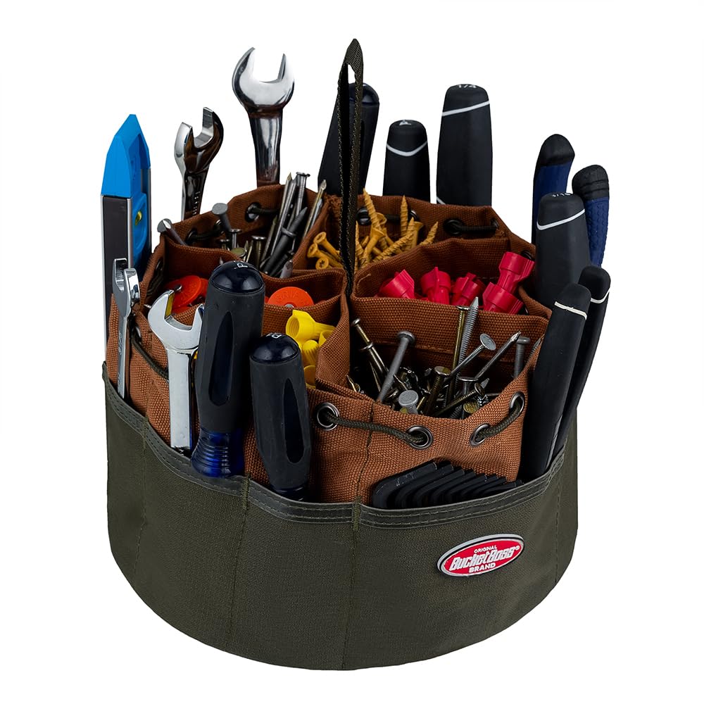 BucketBoss 25001 Canvas Organizer Parachute Bag with 19 Pockets for Nails,Screws, and Bolts in Brown
