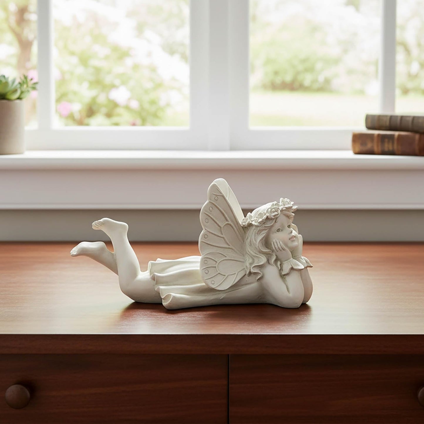 Lying Fairy Garden Statue with Hands on Chin – Outdoor Resin Angel Figurine for Yard, Patio or Lawn Decor – 10.24” Hand-Painted Fairy for Garden Fairy Scenes & Whimsical Outdoor Displays