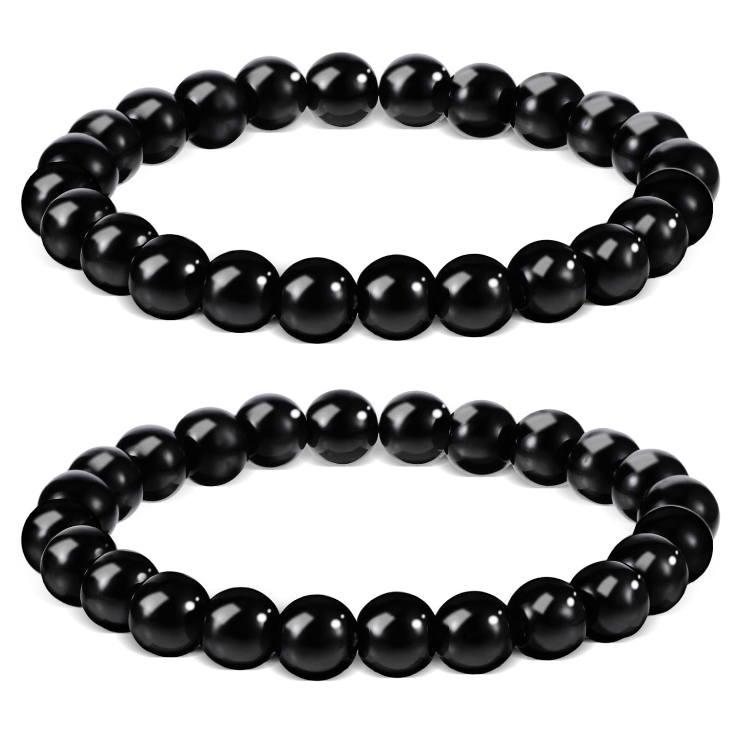 Heclia 2Pcs Black Obsidian Bracelet for Women Men, 8MM Natural Stone Stretch Beaded Bracelet, Healing Crystal Energy Jewelry for Stress Relief Yoga Gifts