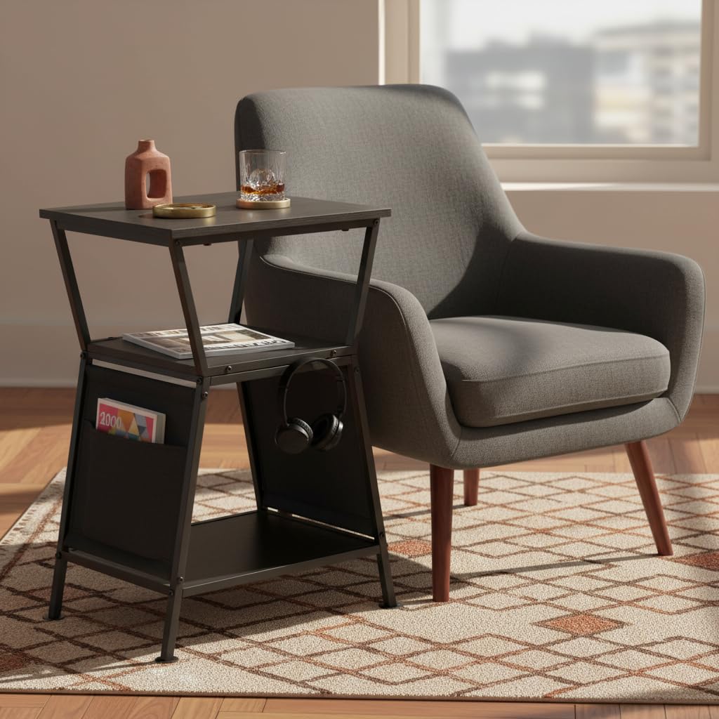ZEXVIDA End Table with Storage Bag, Three-Tier Trapezoidal Side Table with Storage Bag, Corner Table Sofa End Table for Living Room Bedroom