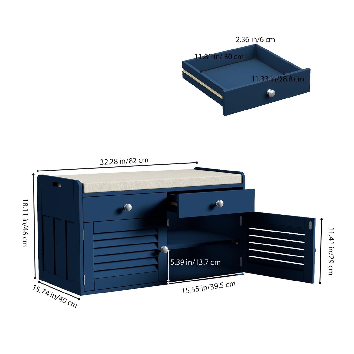 WARMHONIU Shoe Storage Bench with 2 Drawers, Entryway Bench with Cushion, Adjustable Shelves, Shoe Rack Bench with Louvered Doors for Entryway, Bedroom, Hallway, Blue