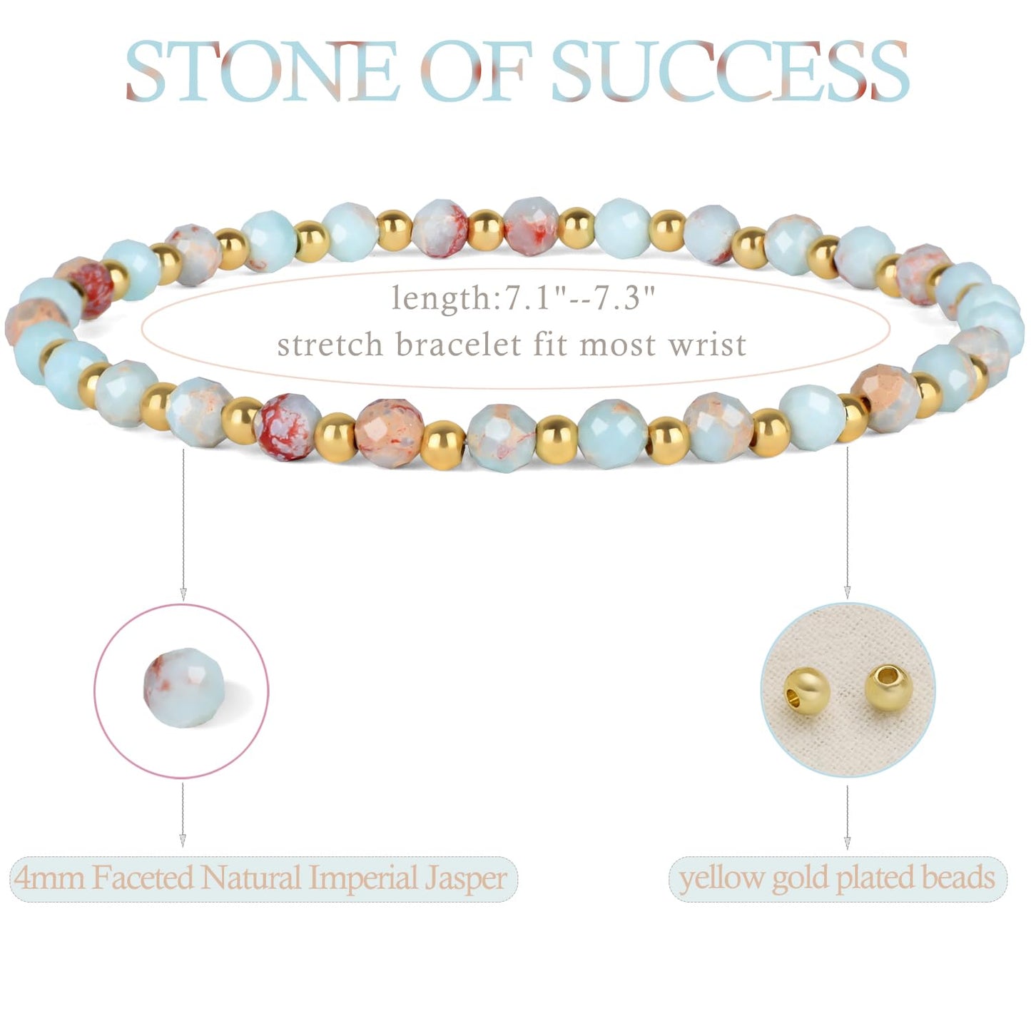 QOGIR Imperial Jasper - Stone of Success - 14K Gold Plated Beads Natural Gemstone Stretch Elastic Dainty Healing Beaded Bracelets Gifts 4mm