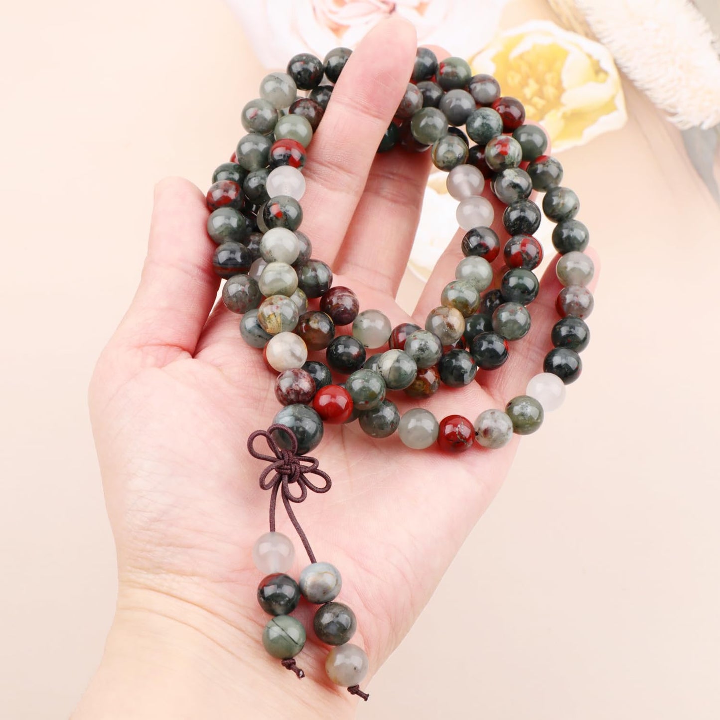 AD Beads 8mm 108 Prayer Mala African bloodstone Elastic Bracelet - Strengthen the body - Handmade Yoga Meditation Healing Power Energy Gifts for Unisex Adult.