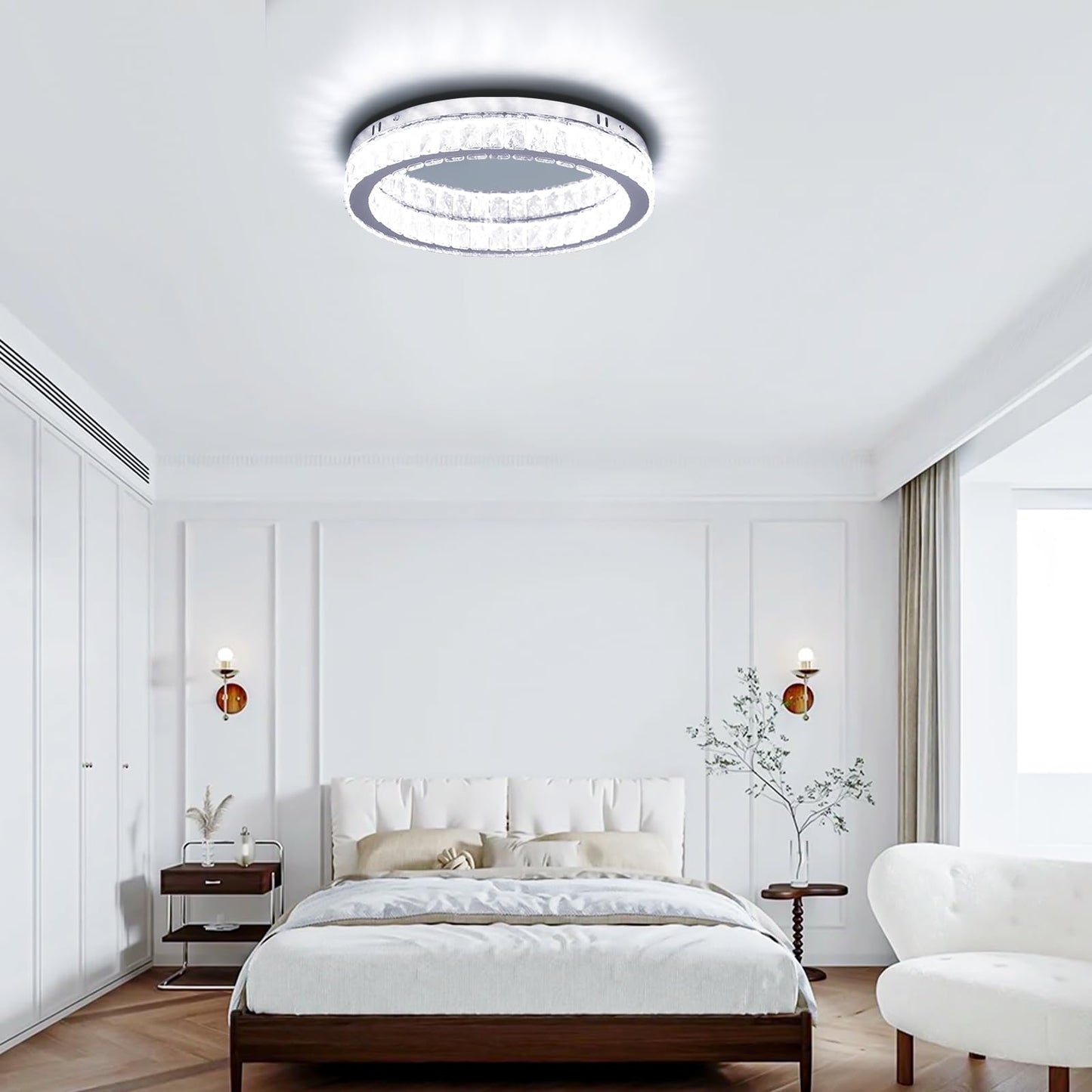 Finktonglan Crystal LED Flush Mount Ceiling Light, 17.7" Modern Round Crystal Ceiling Light, 48W 6000K Cool White, K9 Crystal & Stainless Steel, Low Profile, Non-Dimmable (No Remote)