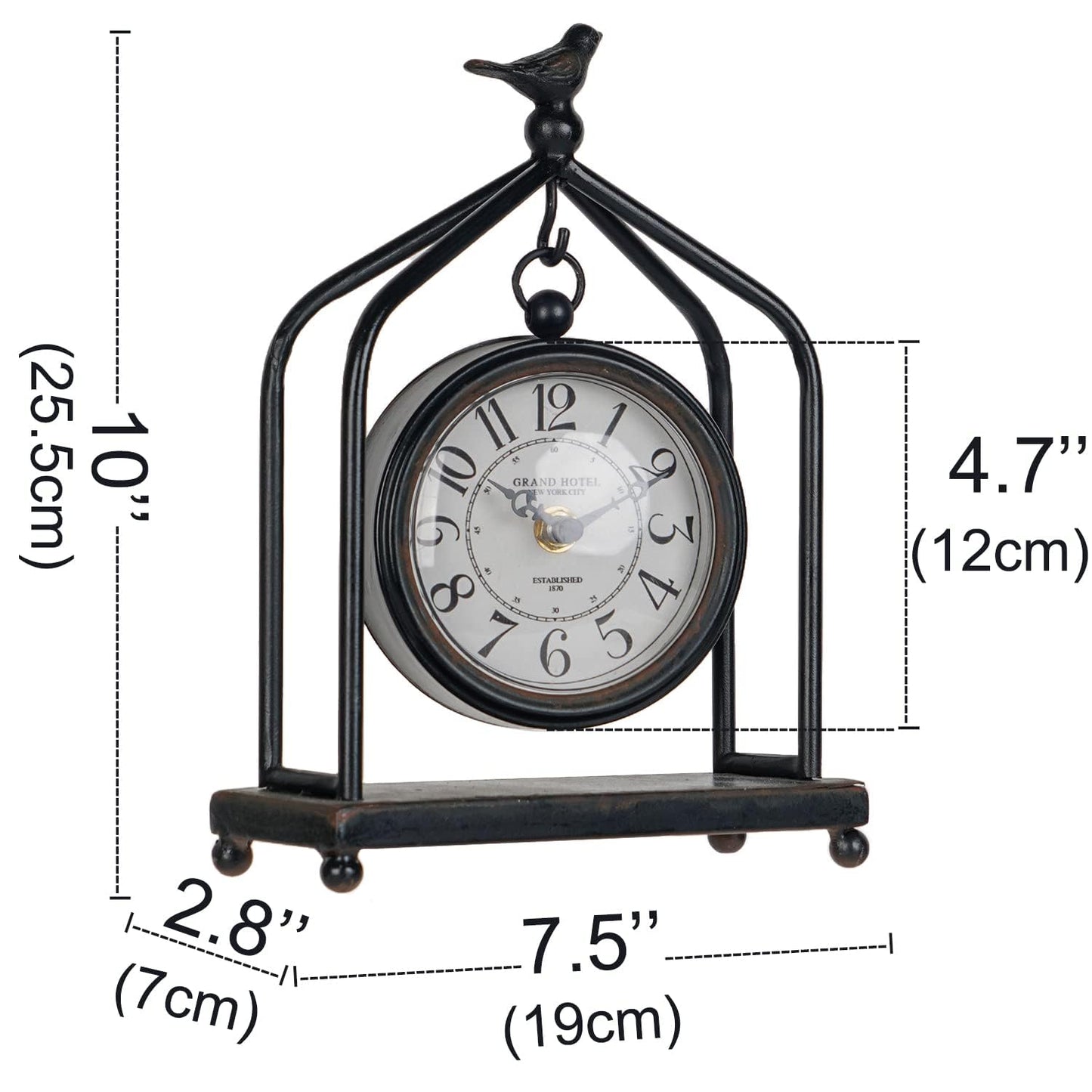 SOFFEE DESIGN 7.5'' x 10'' Mantel Clock Iron Tower Frame, Creative Bird Ornament Tabletop Clock, Silent Clock with Hollow Carved Back Cover for Home Decor, Black