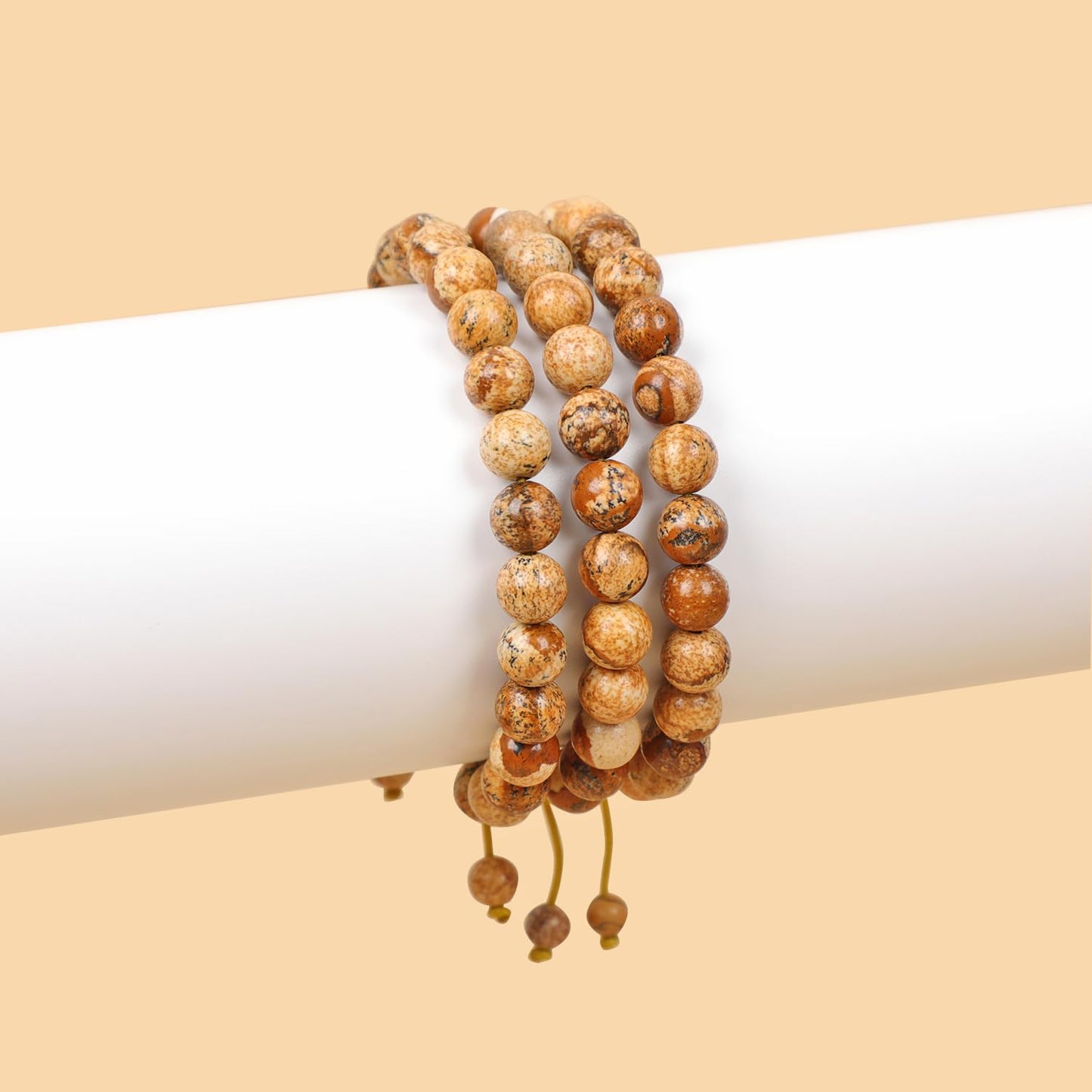 AD Beads Natural 8mm Gemstone Bracelets Healing Power Crystal Macrame Adjustable 7-9 Inch (Picture Jasper)