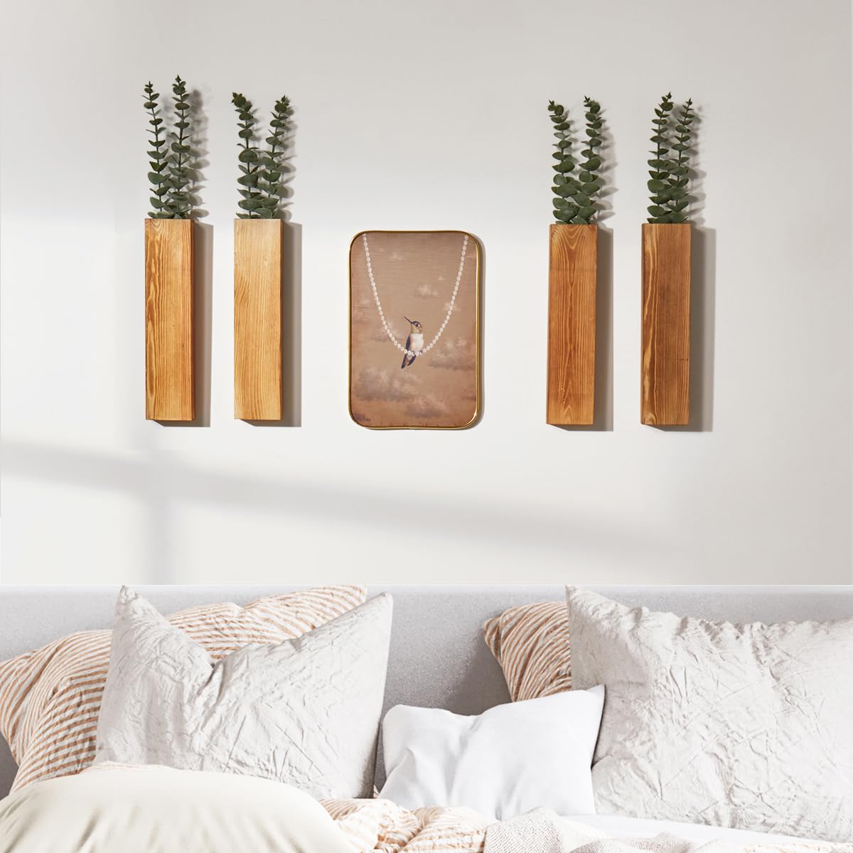 Mokof 4-Pack Wood Wall Planters with 8 Removable Faux Eucalyptus Stems - Modern Farmhouse Wall Decor for Living Room, Bedroom, Bathroom - Wooden Wall Vases and Fake Eucalyptus for Home Office Decor