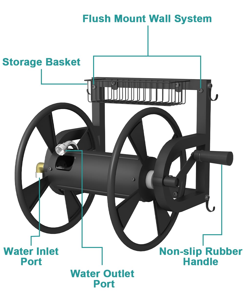 Artigarden Outdoor Wall Mounted Hose Reel with Hook, Garden Heavy-Duty Water Holder Winder with 3.9 ft Leader Hoses, Brass Fitting and Storage Basket for Yard, Holds 125 Ft of 5/8-Inch Hose, Black