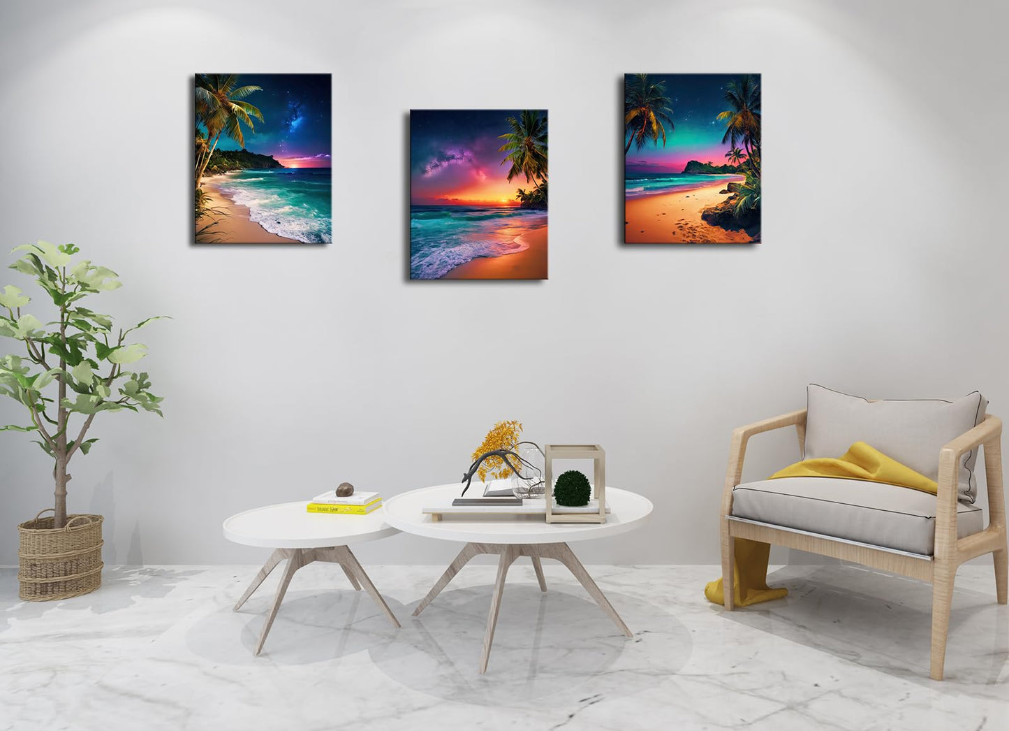 weiyiart Beach Sunset Wall Art Ocean Print Art Tropical Canvas Wall Decor 3 Panels Northern Lights Aurora Polaris Nature Landscape Painting for Modern Bathroom Living Room Bedroom Office 12"x16"x3pcs