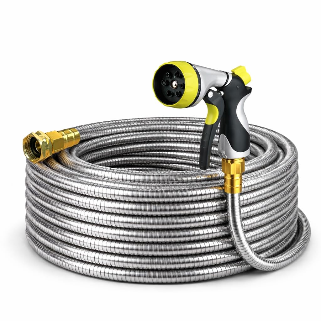 Holldoor Metal Garden Hose 100 ft – 304 Stainless Steel Water Hose with Nozzle Sprayer, Garden Hoses Flexible, Lightweight, No Kink, Heavy Duty for Outdoor (100 ft)