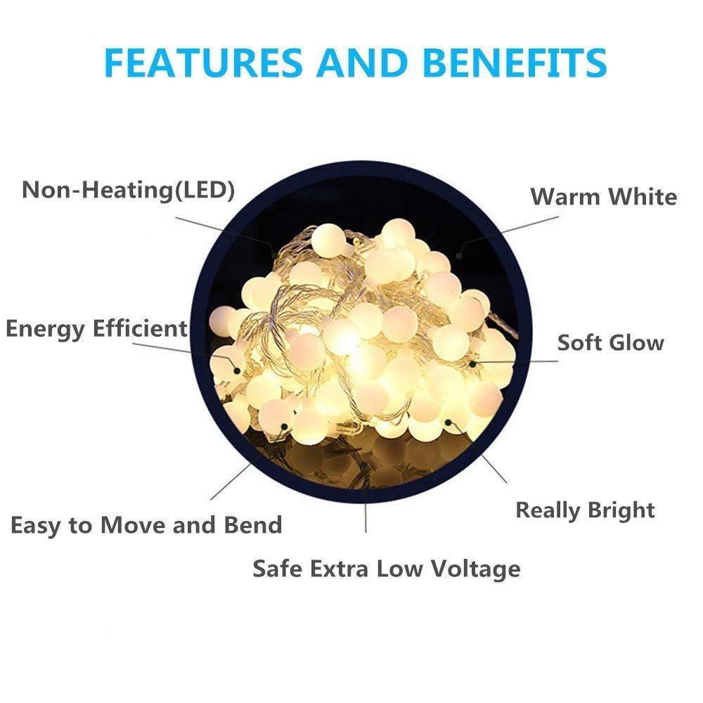 RaThun 49.2ft Globe String Lights with 16ft Extended Lead & Stable Remote - 100 LED Warm White, 8 Distinct Modes, IP44 Waterproof, UL Certified, Linkable for Indoor Outdoor Wedding Party Decor