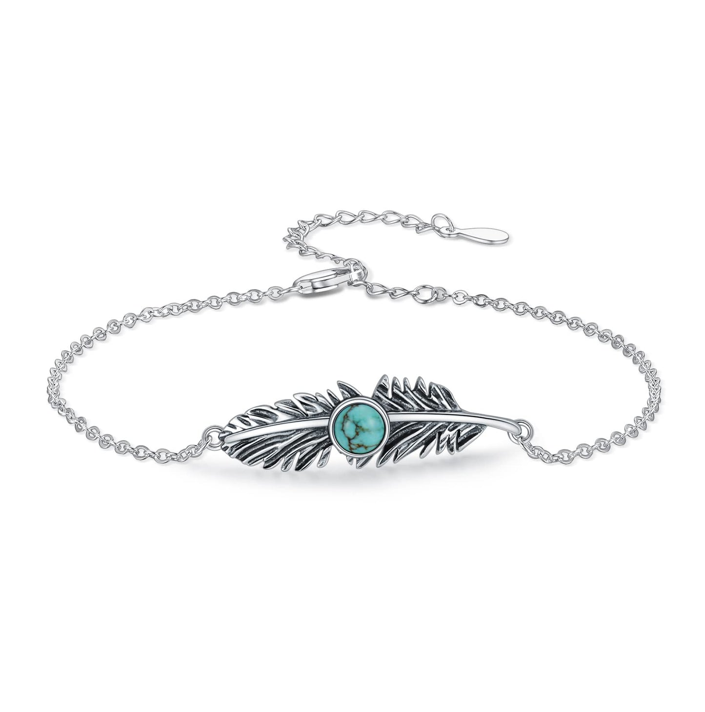 BETHZA Feather Turquoise Bracelet for Women Sterling Silver Genuine Turquoise Gemstone Link Adjustable Bracelet Navajo Jewelry Gift for Birthday Mothers Day (7+2")