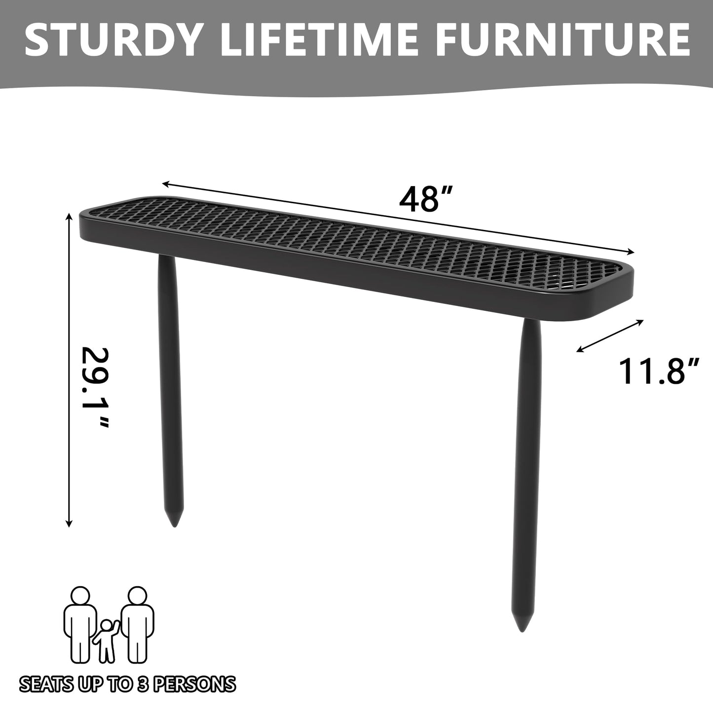 4 Ft Metal Park Benches for Outside, Outdoor Backless Bench with Thermoplastic Coating, Inground Mounted, Commercial Expanded Metal Mesh Bench for Shopping Mall, Store, Park, Patio, Deck, Black