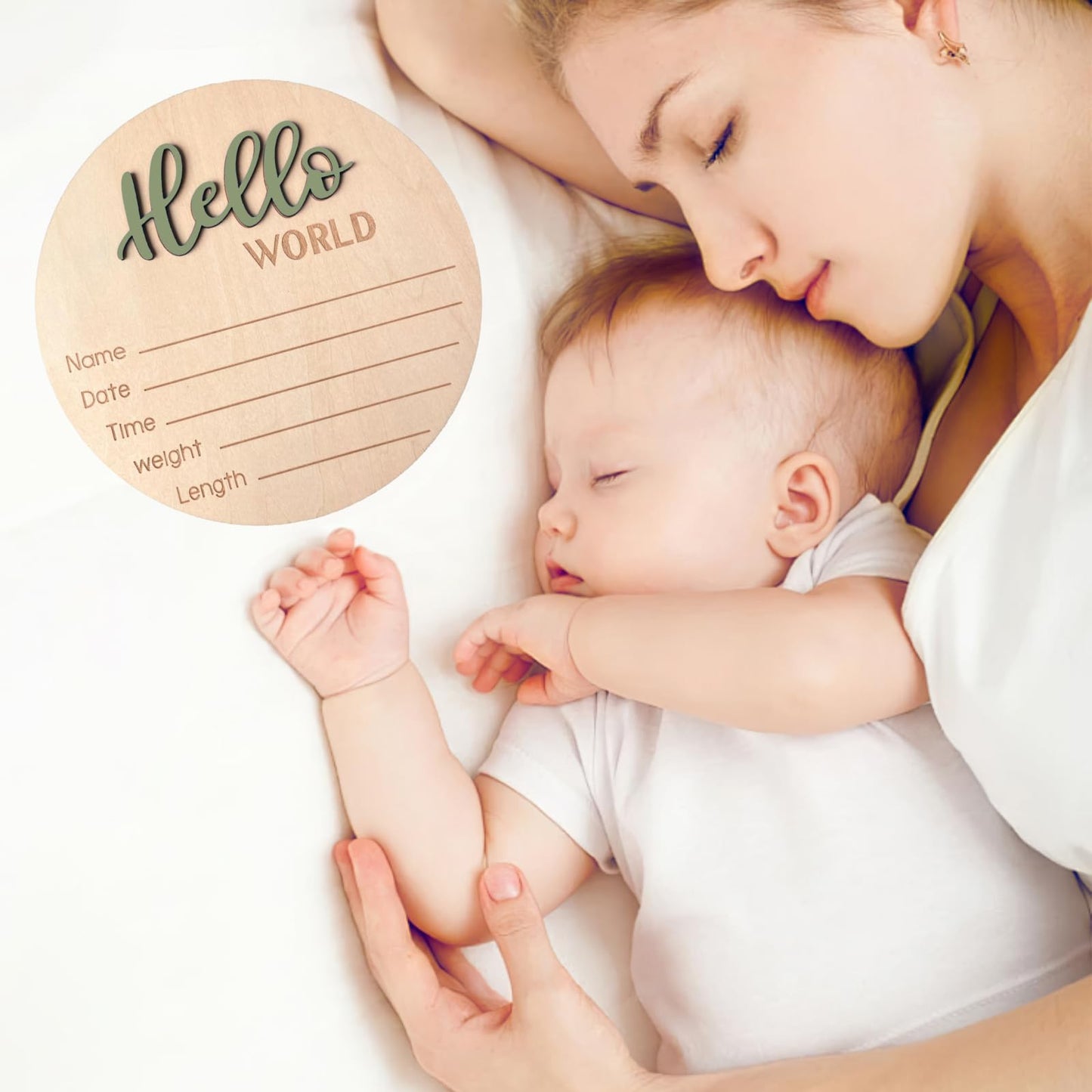 Baby Announcement Sign, 5.9 Inch Wooden Hello World Newborn Signs, Birth Announcement Sign, Baby Shower Hospital Nursery for Newborn Boys and Girls (Forest Green)