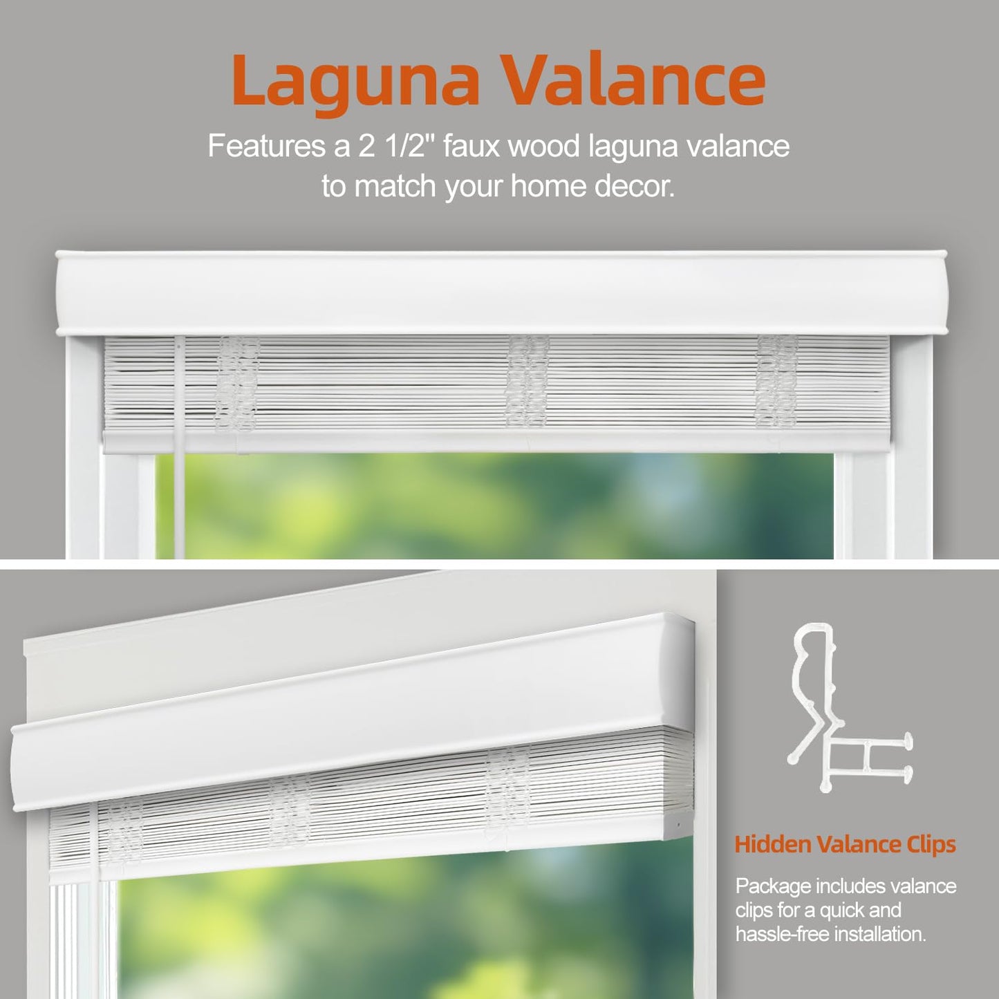 Faux Wood Blinds for Indoor Windows, 35" Width x 60" Height Cordless Window Blinds with Valance for Home, No-Hole Privacy Slats,2" White Blinds for Kitchen, Bathroom & Living Room