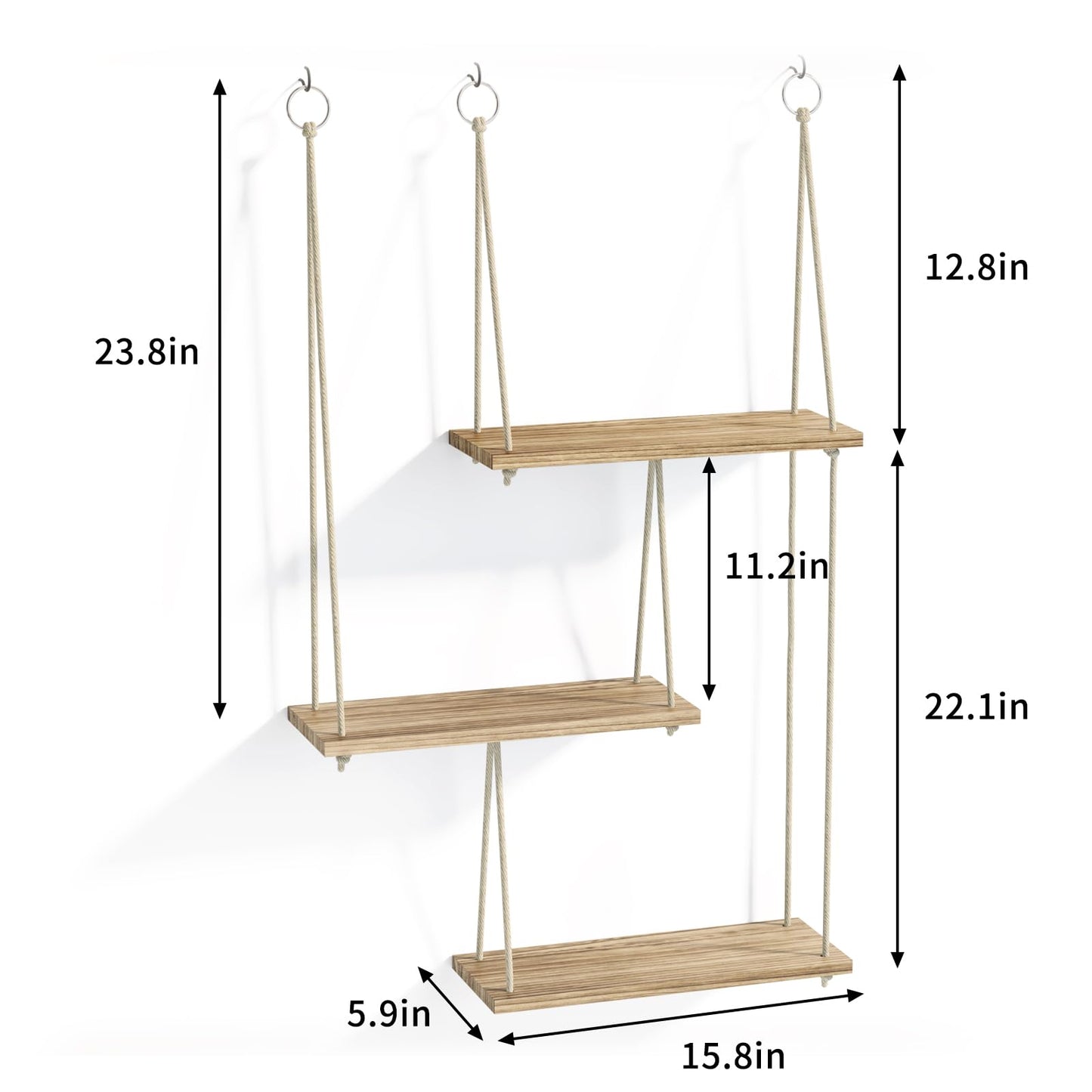 Fixwal Hanging Plant Shelves for Wall, 3 Tier Boho Wall Decor Plant Rack Floating Shelves Rope Rustic Wood Organizer Storage Hanger for Aesthetic Home Bedroom Kitchen Bathroom- Rustic Brown