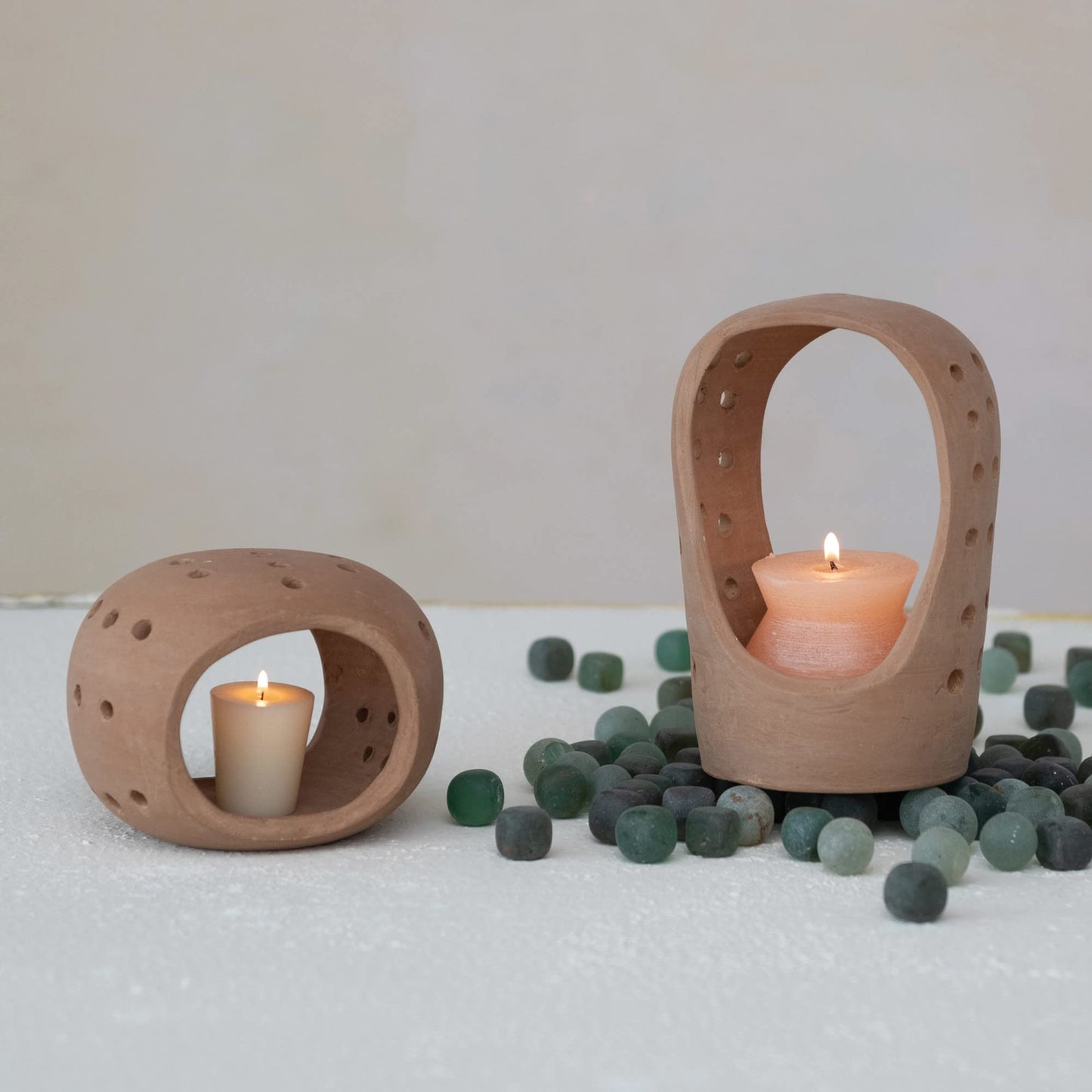 Creative Co-Op Handmade Terracotta Candle Holder with Cutouts