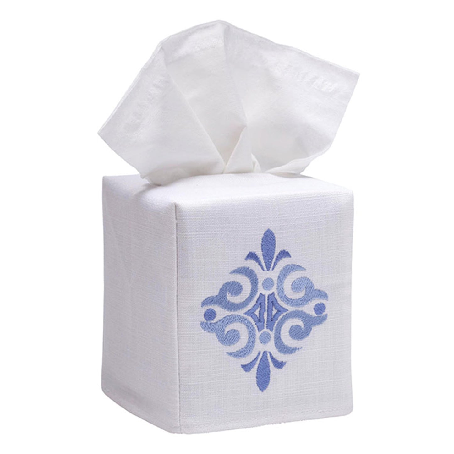 Jacaranda Living Square Tissue Box Cover, Linen/Cotton Fabric Tissue Holder, Decorative Cloth Tissue Cube Cover, Scrolls Design Amalfi Scroll, Blue
