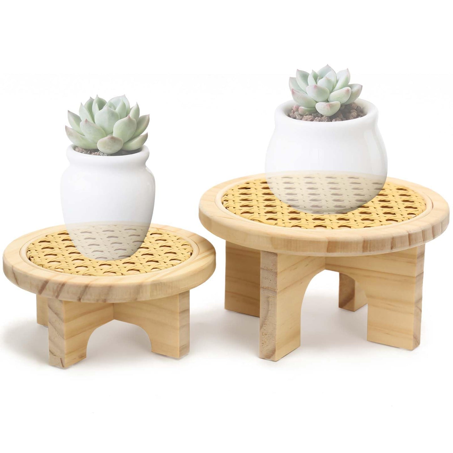 BXAIGR Small Plant Stand Set - 5" & 6" Display Shelf with Rattan Decor, Rustic Wooden Riser for Indoor Plants, Home Office Desk, Window Sill Decor