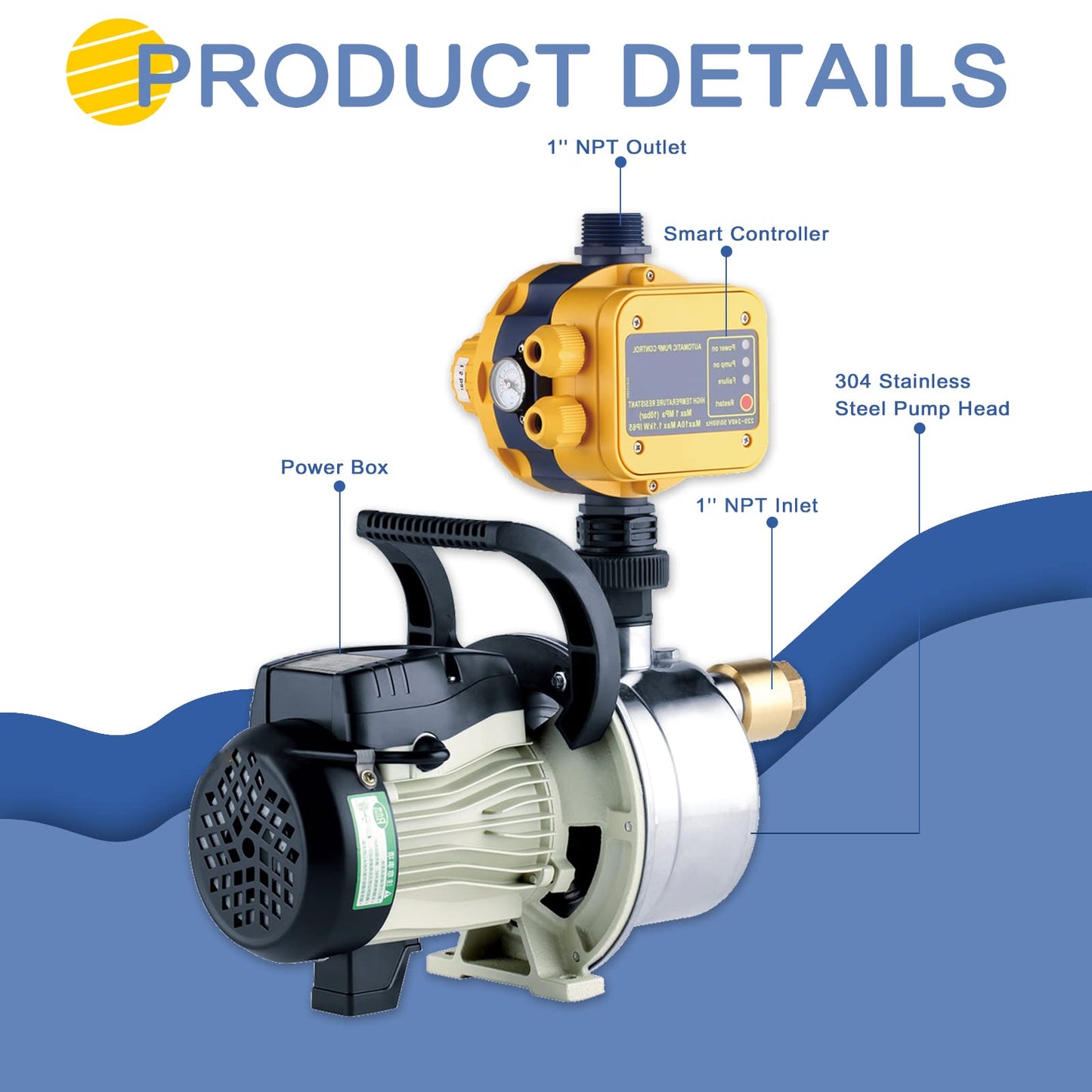 TDRSUPER 1/2 HP Water Pressure Booster Pump with Smart Controller, 845GPH, 110V, Stainless Steel Well Pump, Automatic Water Transfer Jet Pump for Home, Garden, Lawn, Irrigation