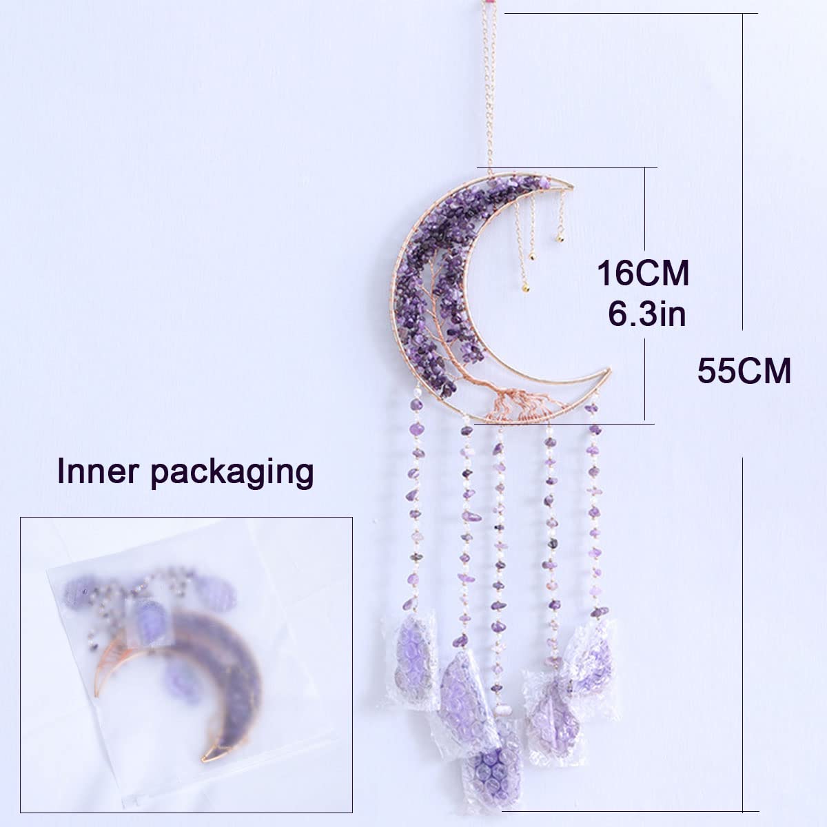 Agate Moon Dream Catchers with Crystal Purple Gemstone Dream Catchers Natural Tree of Life Gem Agate Wall Hangings Room Garden Dreamcatchers Decor (Purple)