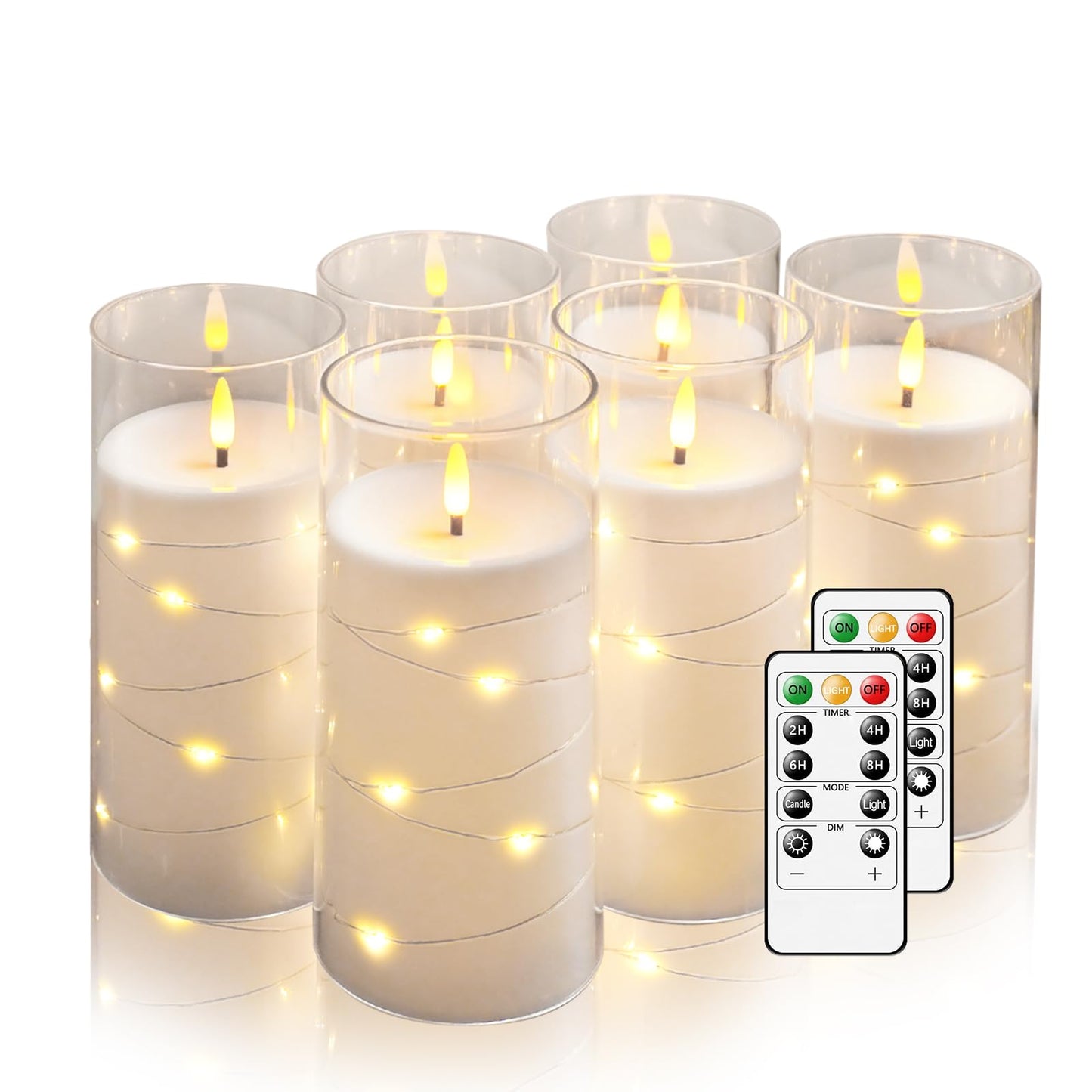 Hinabichan Flickering Flameless Candles with Remote Timer, 6pcs LED Battery Operated Candles with Embedded String Lights White, D3 H6