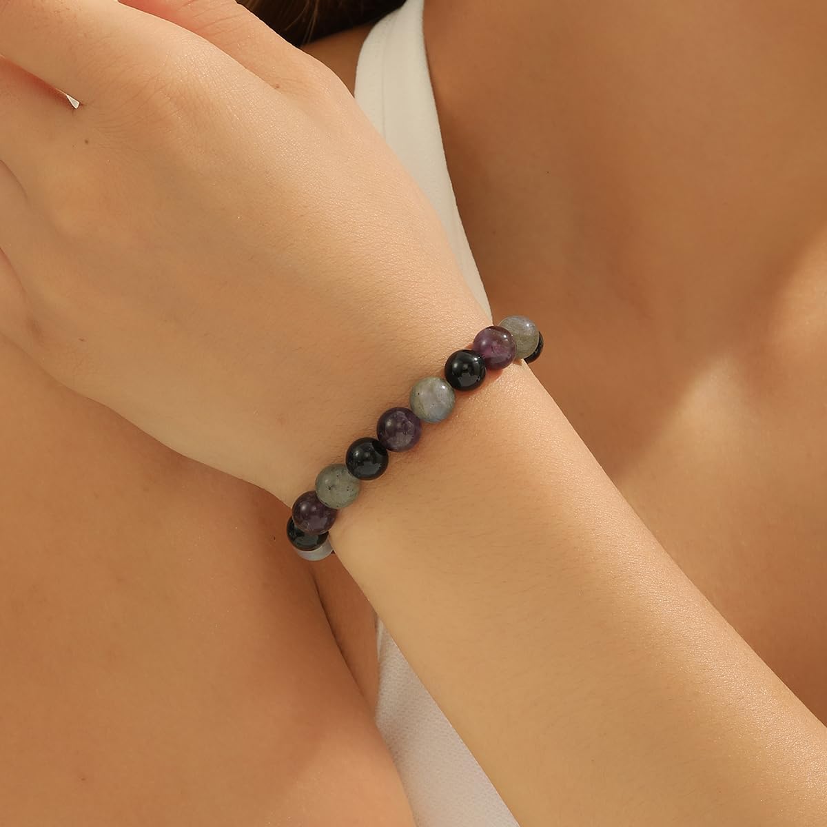 Crgwxzl 3pcs Anxiety Relief Protection Bracelets,Healing Black Tourmaline Crystal Bracelets for Women Men,8mm Natural Stone Amethyst Labradorite Beaded Spiritual Gemstone Jewelry Gifts