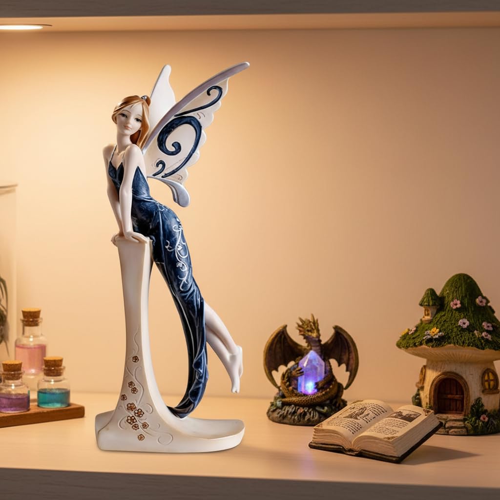 Comfy Hour 7" Standing Fairy Figurine, Elegant Woman Statue in Dark Blue Gown, Sophisticated Fairyland Desktop Decor Accent, Stone Resin Artisan Crafted Sculpture, 1 Unit