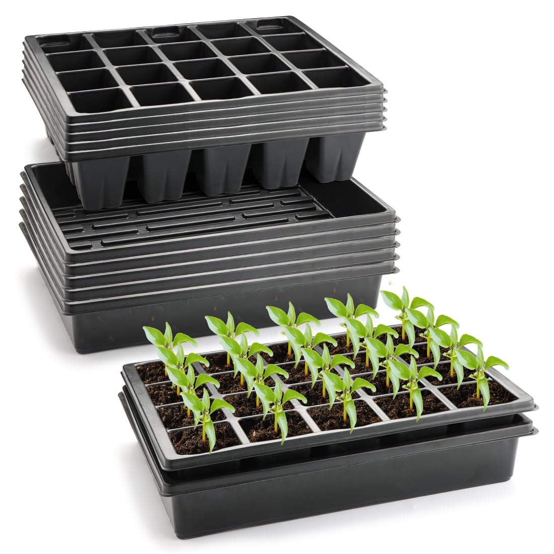 RooTrimmer 2.5 inch Square Pots 3.5 inch Deep 20 Cell Seedling Trays with Water Collection Nursery Trays (15"x11"x3") for Seeds Starting and Transplanting(5 Sets)