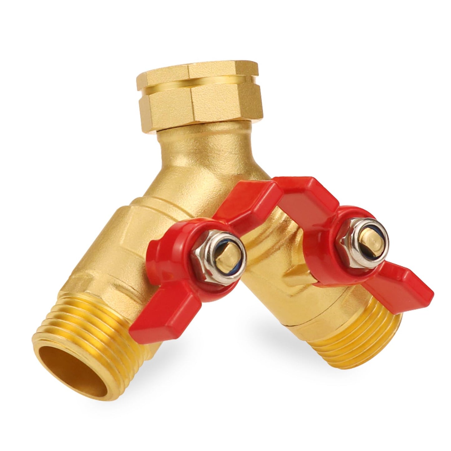 Angry Pony Brass Garden Hose Splitter 2 Way with Shut Off, Heavy Duty 3/4 GHT Hose Y Splitter for Outdoor Faucet, Dual Water Spigot Connector for Garden Watering, Sprinkler and Car-Washing