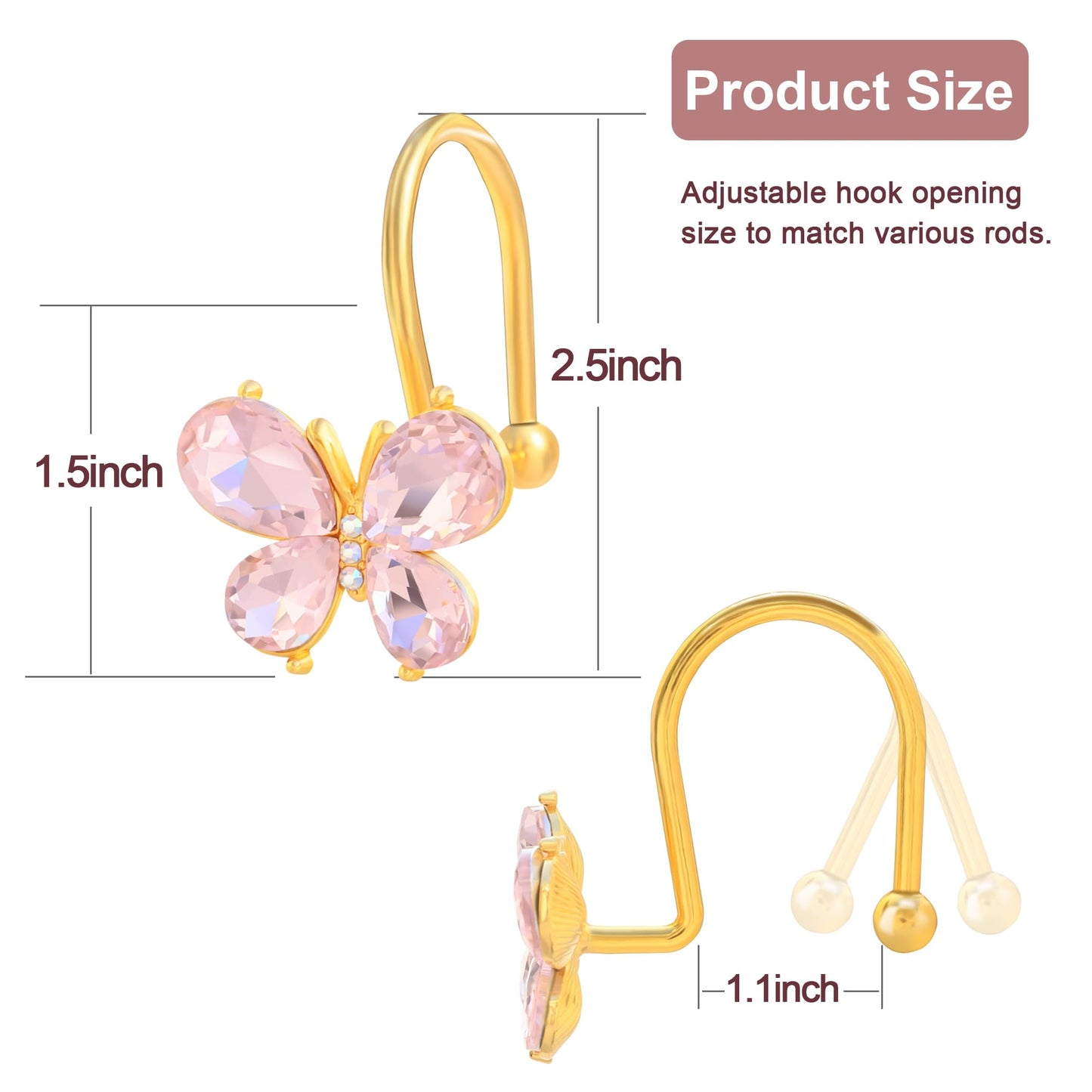 LUMITI Shower Curtain Hooks,12Pcs Rust Resistant Glitter Crystal Butterfly Metal Decorative Shower Rings Hangers for Bathroom Curtains, Clothing, Towels (Pink)