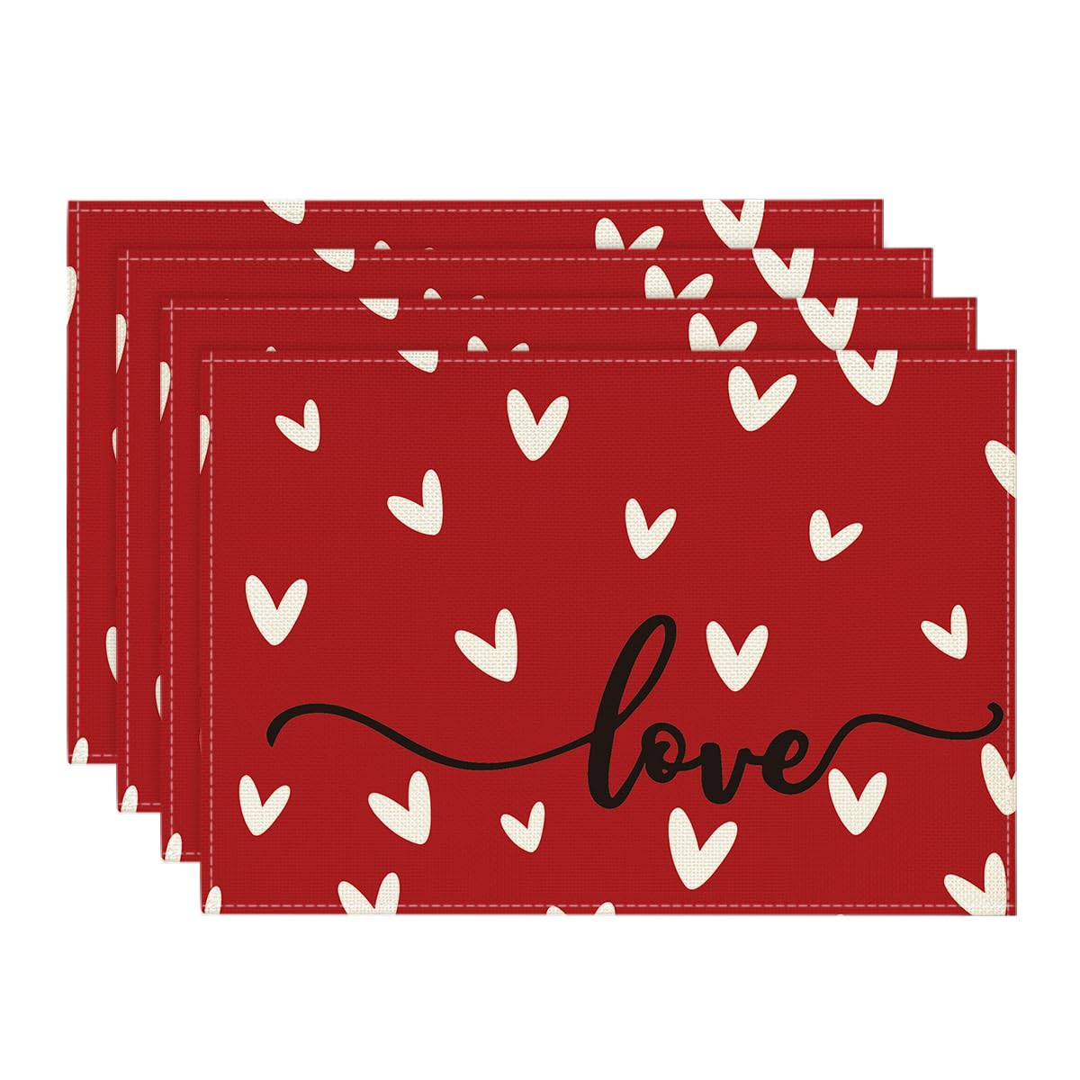 Artoid Mode Red Love Hearts Placemats Set of 4, 12x18 Inch Seasonal Anniversary Holiday Table Mats for Party Kitchen Dining Decoration