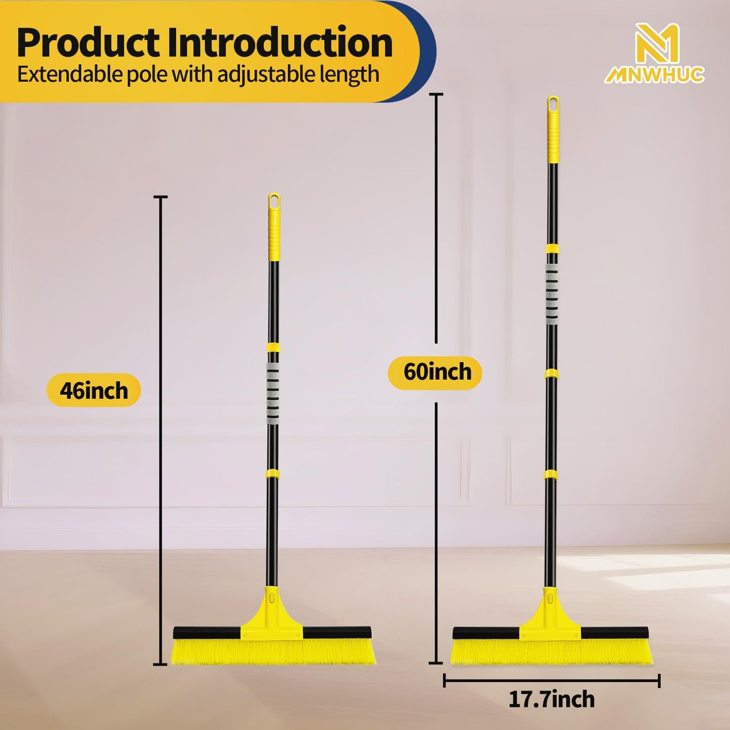 18”Push Broom Brush for Floor Cleaning with 60” Long Handle and Stiff Bristles, Heavy Duty Brush for Shop, Deck, Garage, Concrete,Indoor and Outdoor Broom
