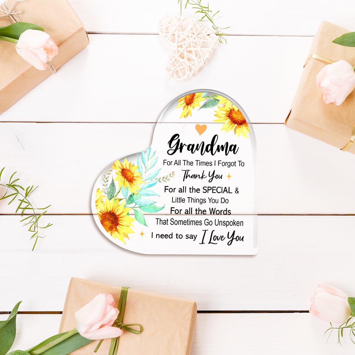 Gifts for Grandma from Grandchildren,Appreciation Gifts for Grandma Thanksgiving Christmas Birthday,For All the Times that I Forgot Say Sign Sunflowers Acrylic Plaque 4.5x4.5 Inches