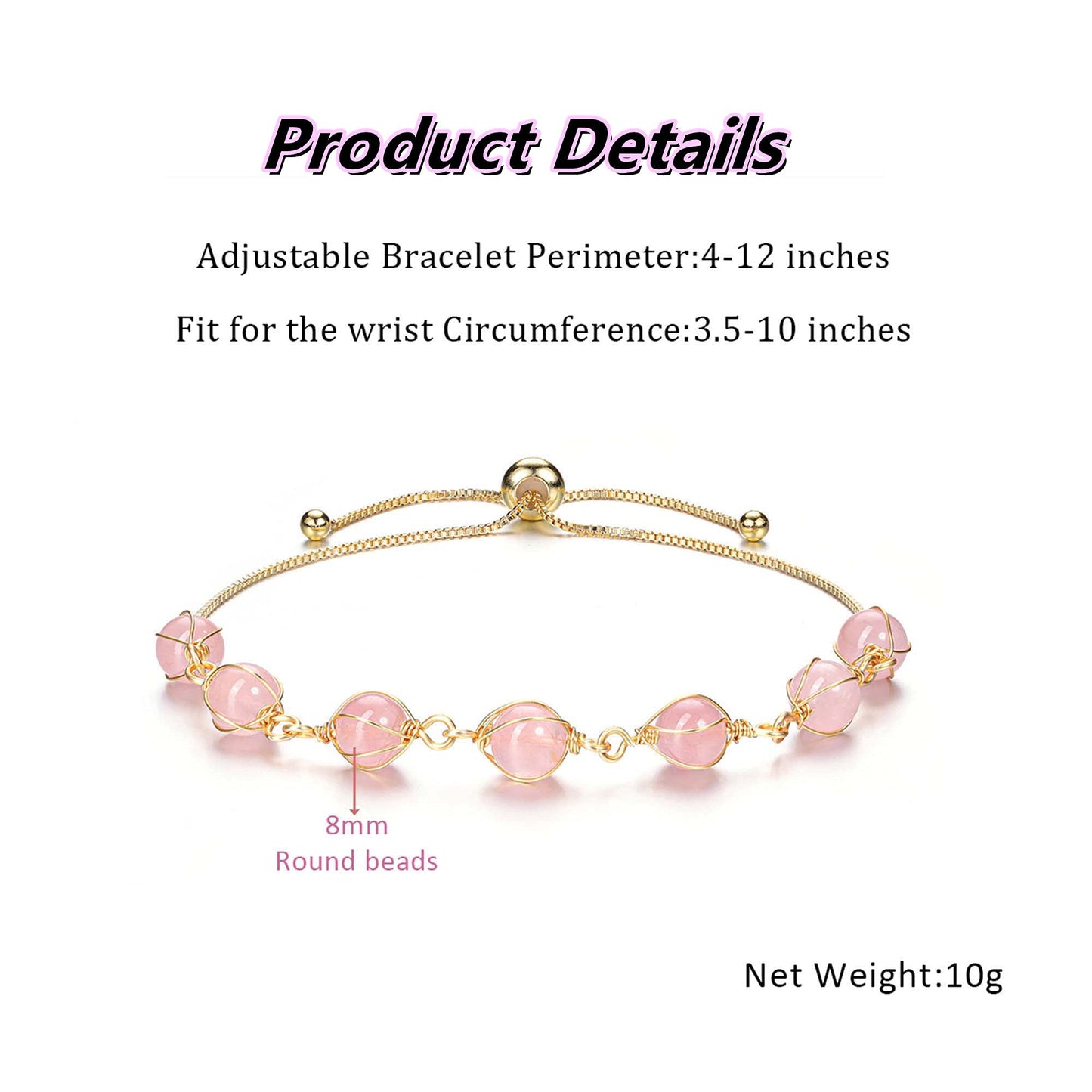 PESOENTH Rose Quartz Crystal Healing Bracelet for Women Natural Crystal Gemstone Beads Anxiety Stone Spiritual 14K Gold Bracelet Pink Jewelry gifts for Women