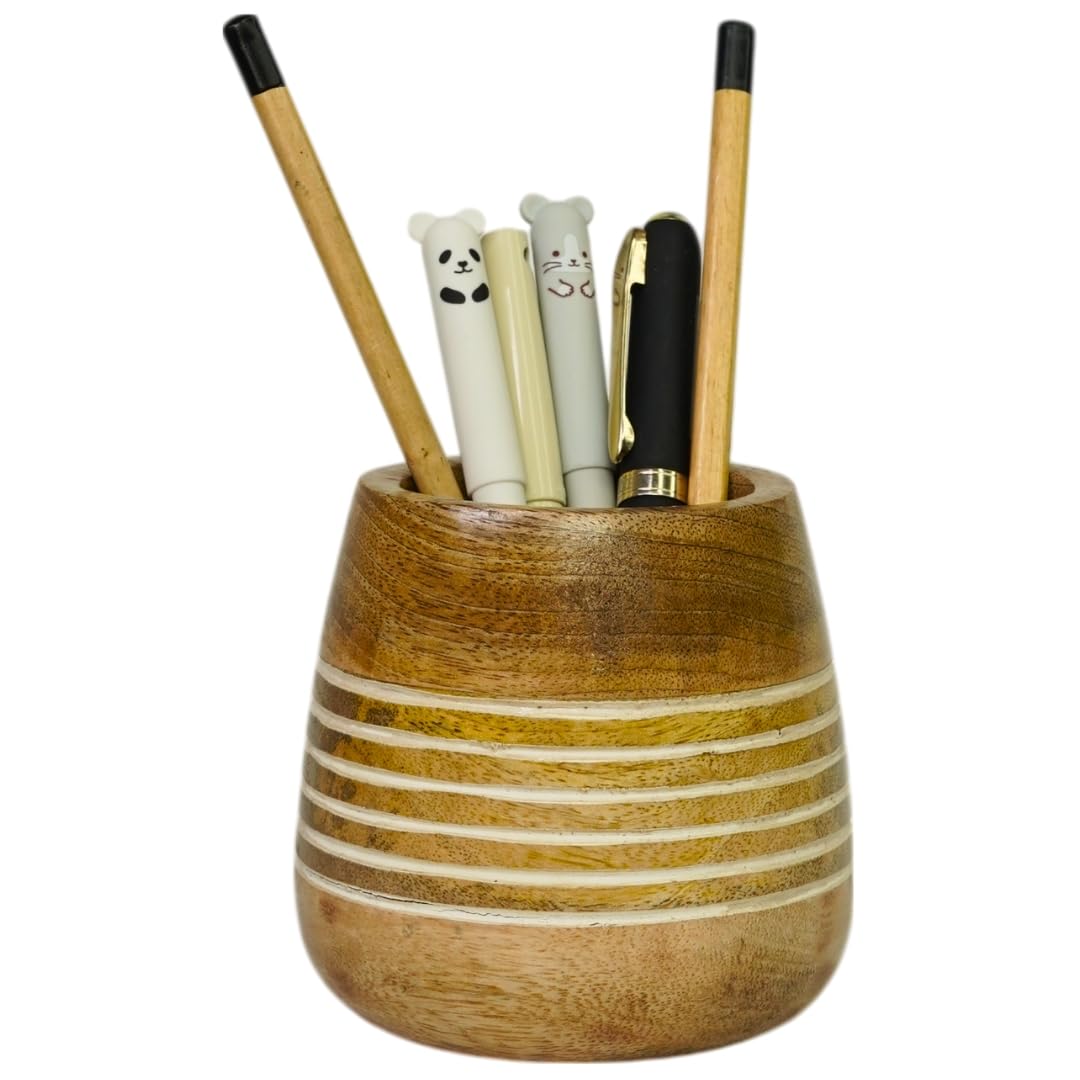 Mie Creations Wooden Pencil Cup Pen Holder for Desk Table | Farmhouse Wood Office Desktop Organizer, Paintbrush Stand, Makeup Brush Holder | Handmade Mothers Day Gifts for Mom- 4'' White Lining Design